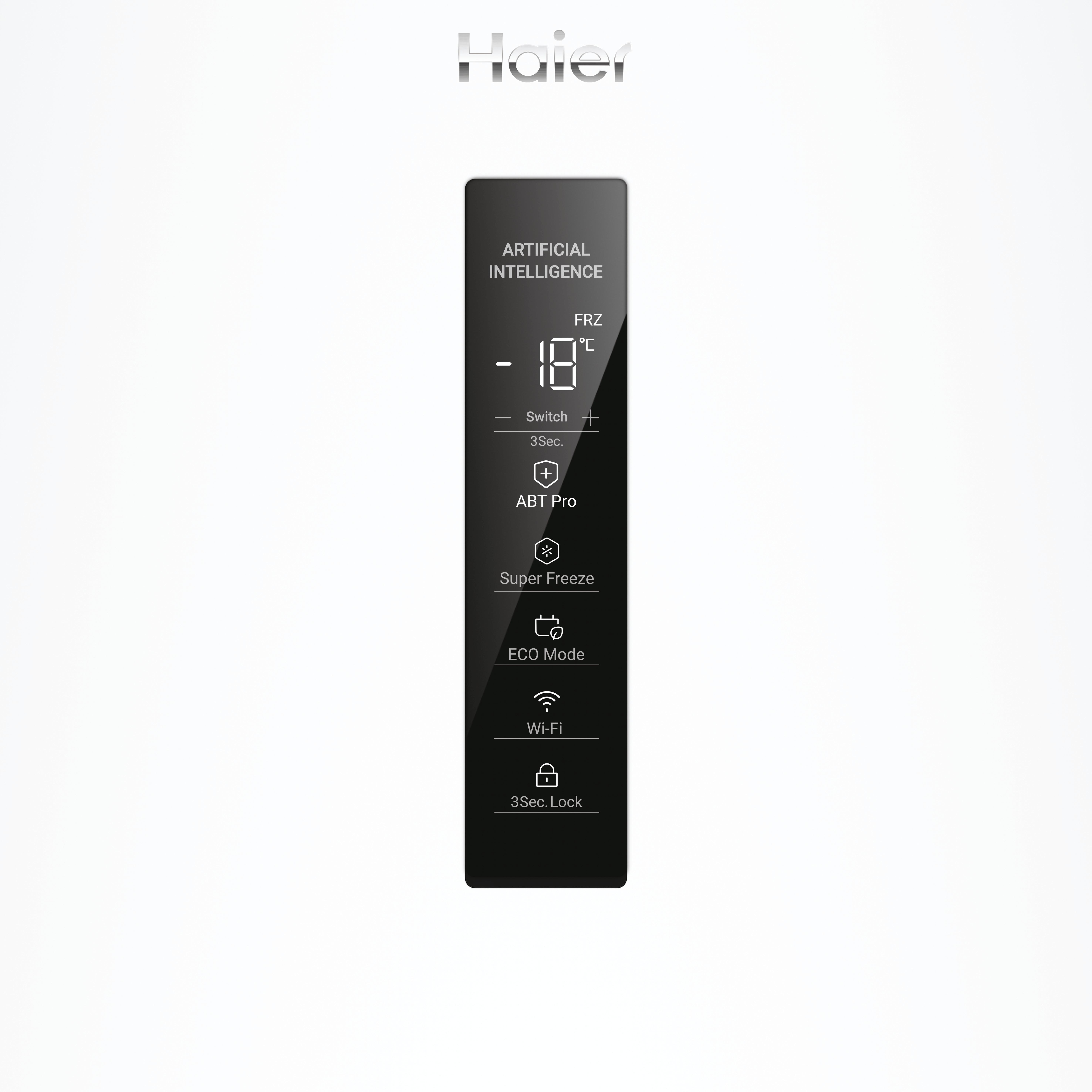 Schwarzes Bedienfeld mit Haier-Logo auf Weiß. Zeigt Gefrierfachsteuerung, Temperaturanzeige und Funktionssymbole.
