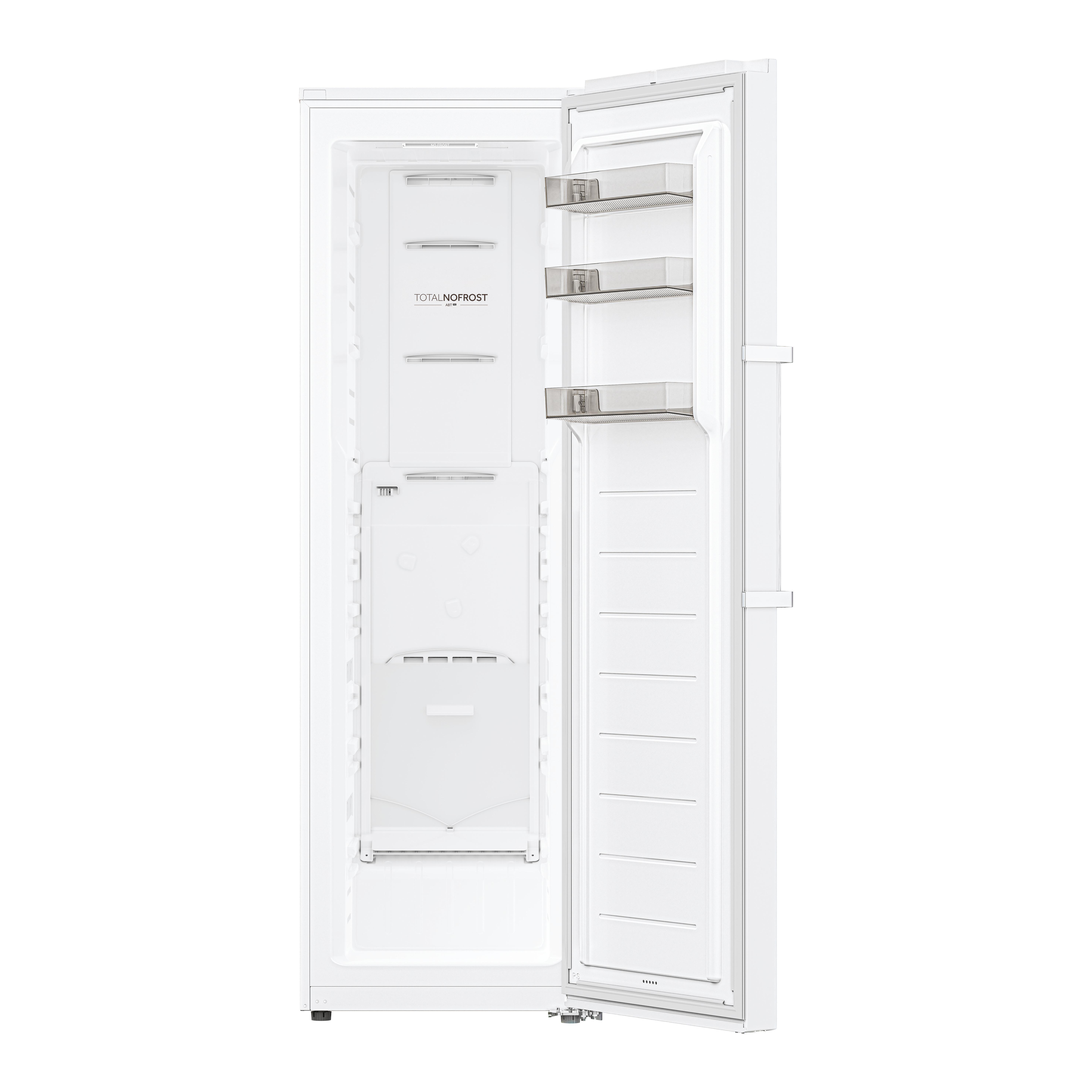 Weißer, offener Kühlschrank. Er hat eine offene Tür rechts und Regale innen. Total NoFrost ist geschrieben.