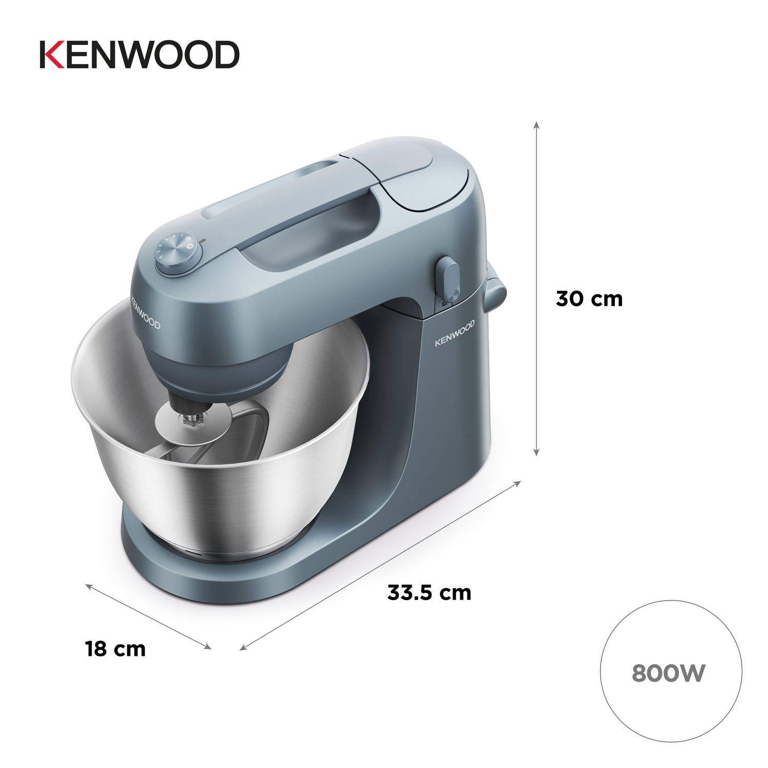 Una batidora de pie Kenwood, gris, dimensiones y potencia de 800W indicadas.