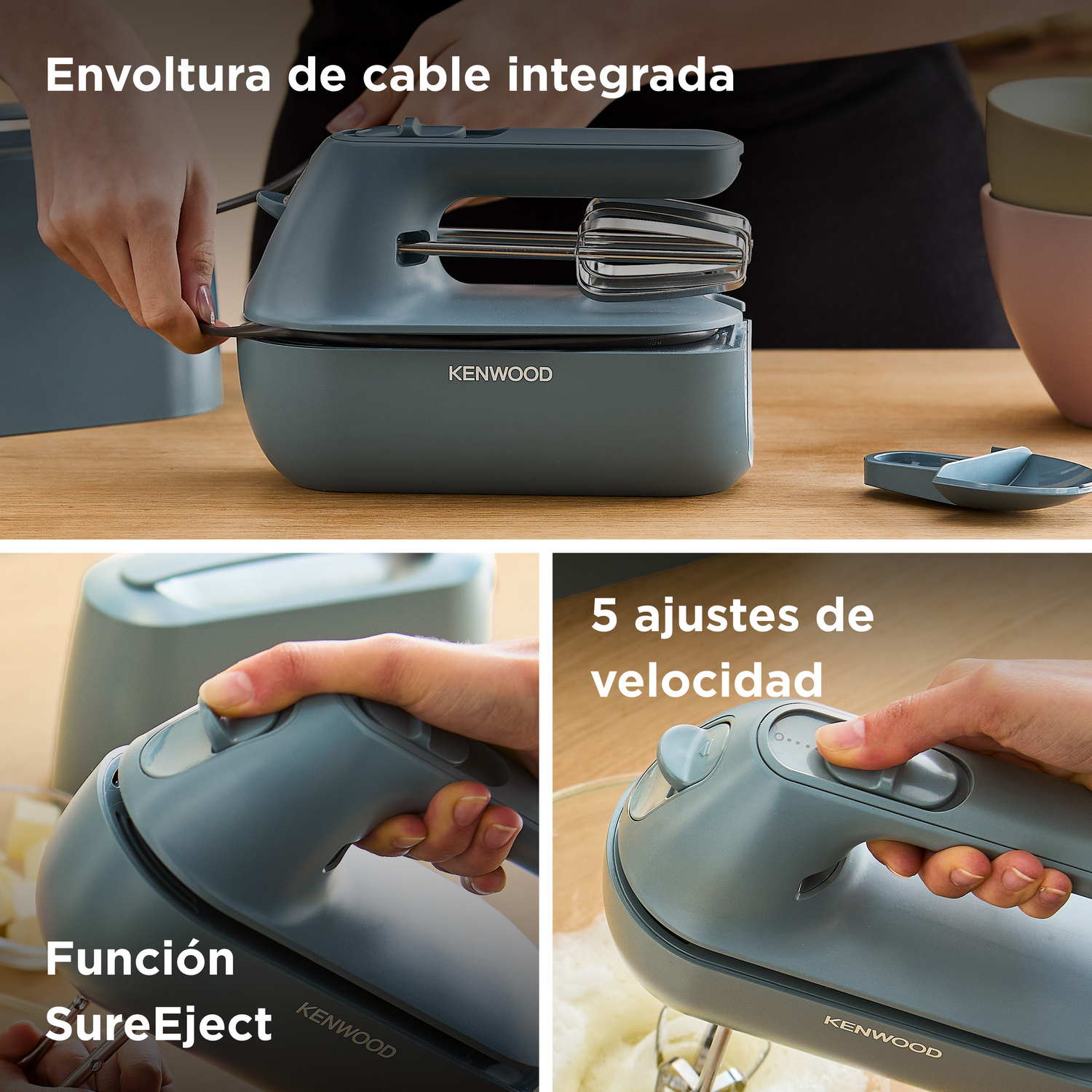Una batidora de mano Kenwood azul con características: enrollador de cable integrado, botón de expulsión segura y 5 velocidades.