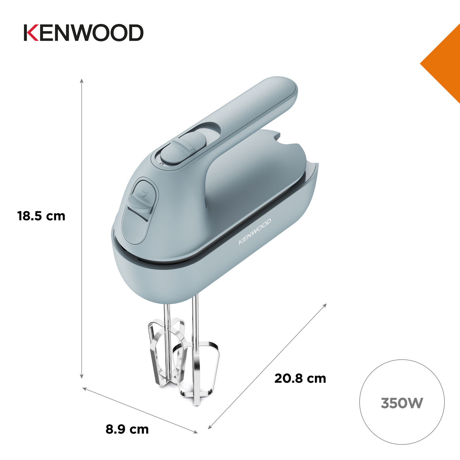 Una batidora de mano azul de Kenwood. Las dimensiones son 20,8 cm de largo, 8,9 cm de ancho y 18,5 cm de alto. Es de 350 W.