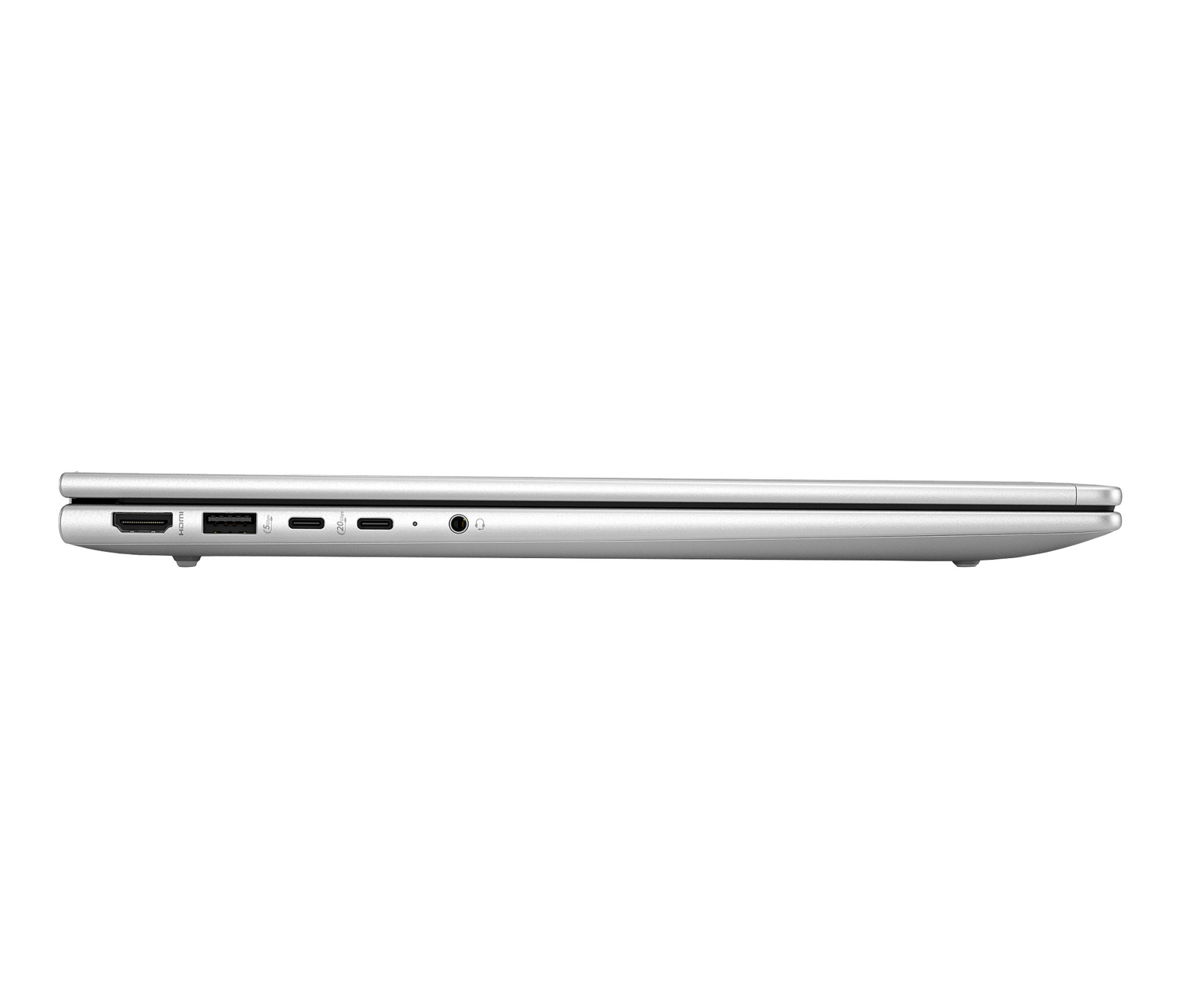 Vista lateral de portátil plateado. Muestra puertos: HDMI, USB, USB-C, conector de audio. Fondo blanco.