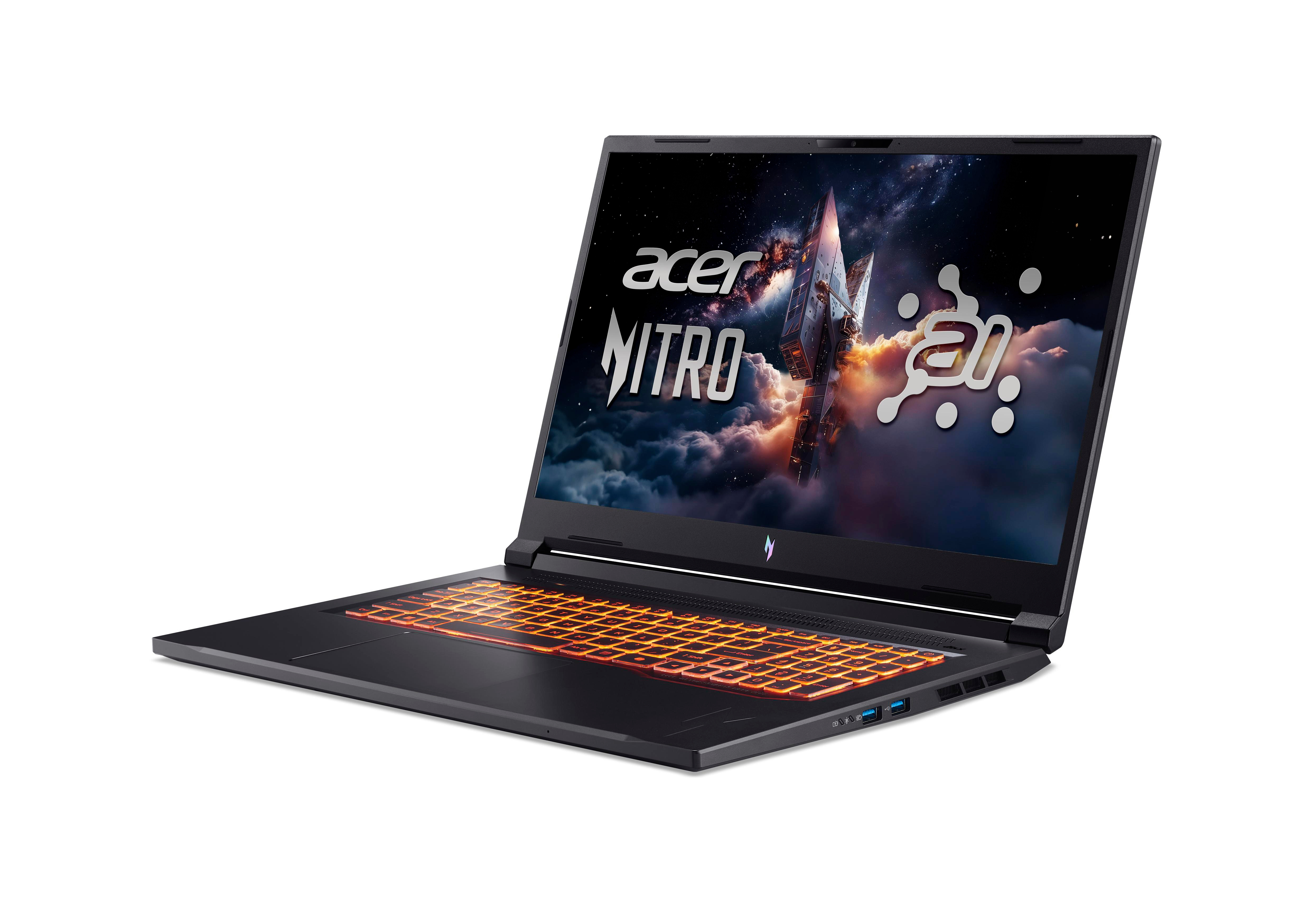Acer Nitro Laptop, angewinkelte Ansicht, offen. Bildschirm zeigt Bild. Orangefarbene Tastatur.