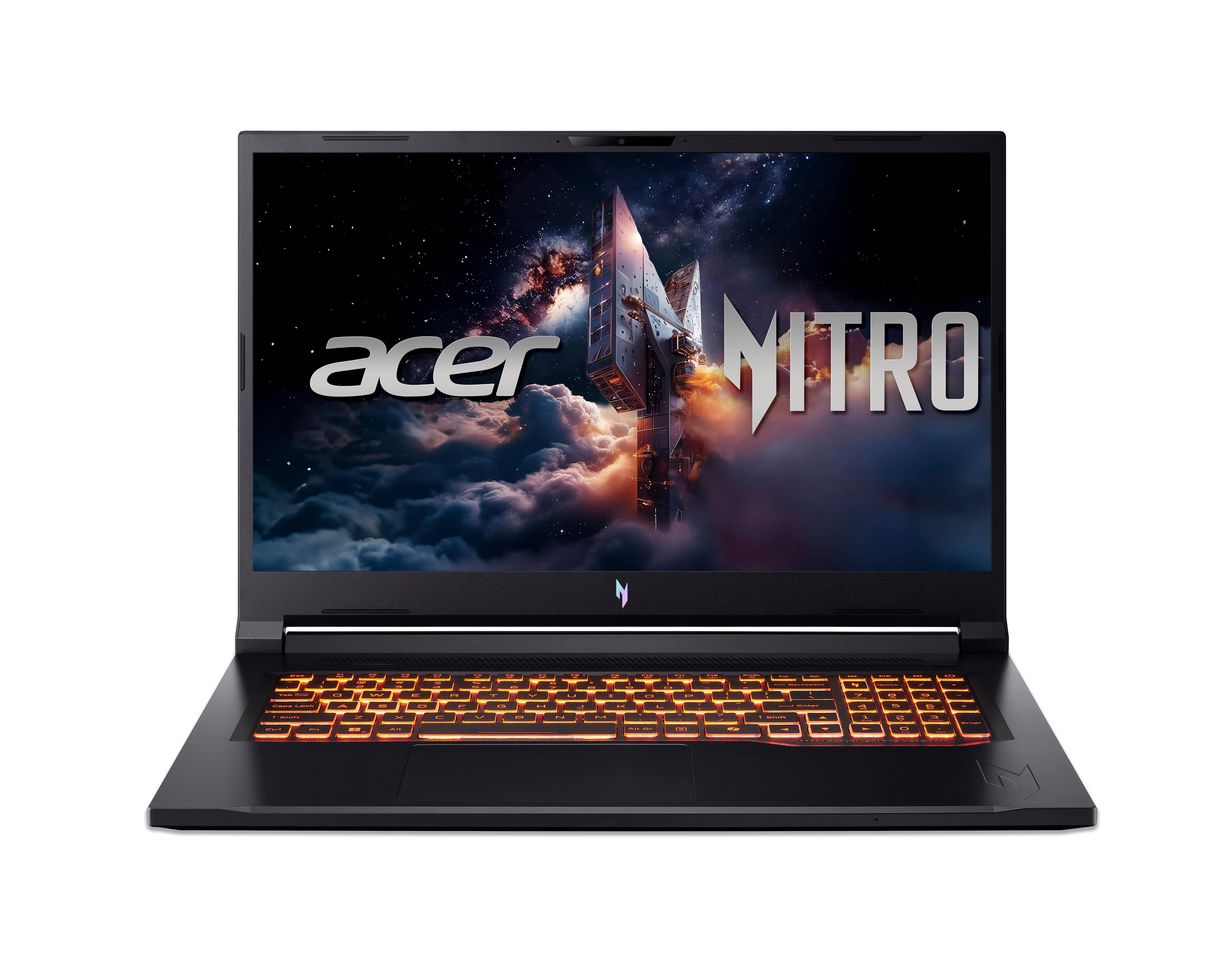Acer Nitro Laptop, offen. Bildschirm zeigt Bild. Orangefarbene Tastatur.