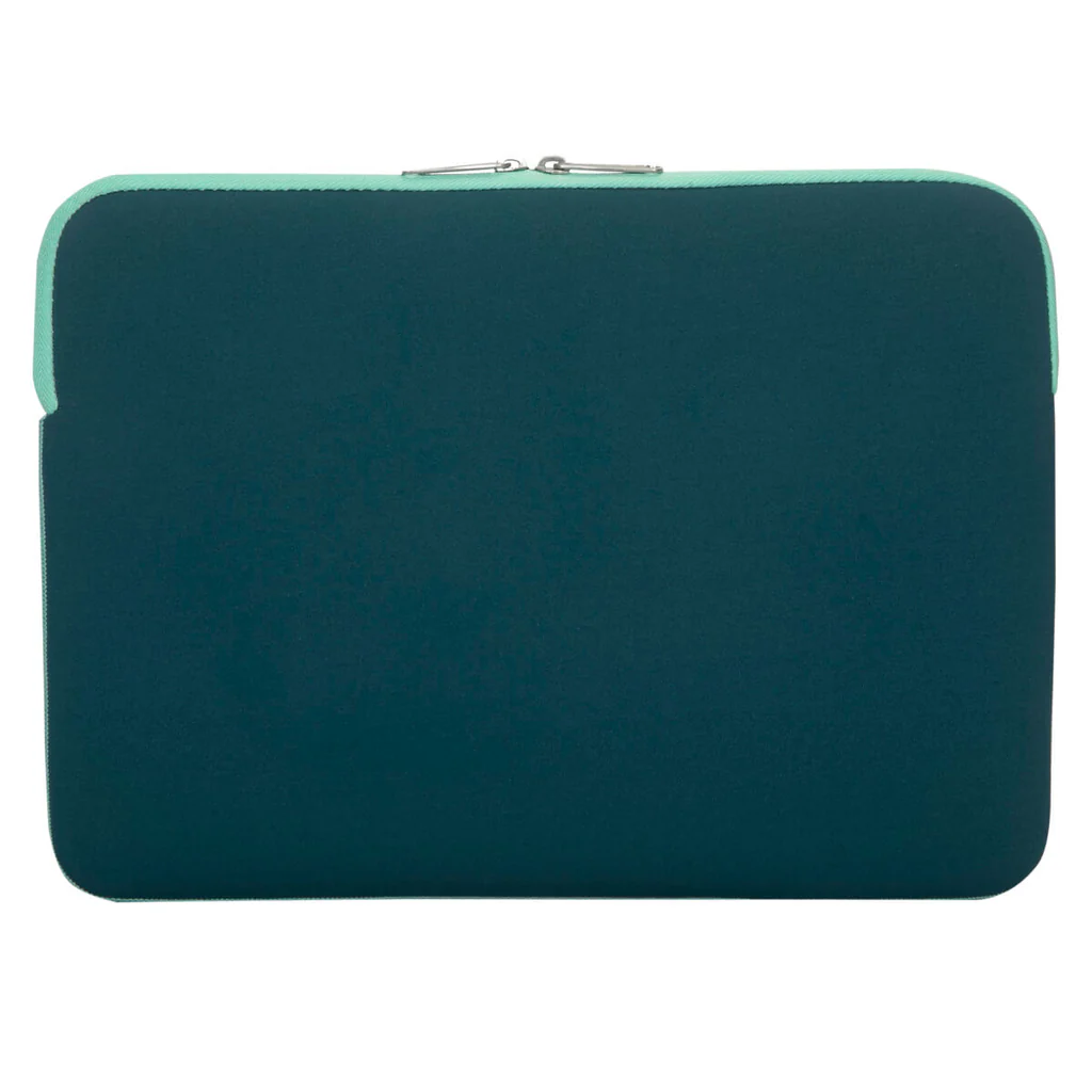 Una funda para portátil de color verde azulado, con cremallera y ribete a juego.