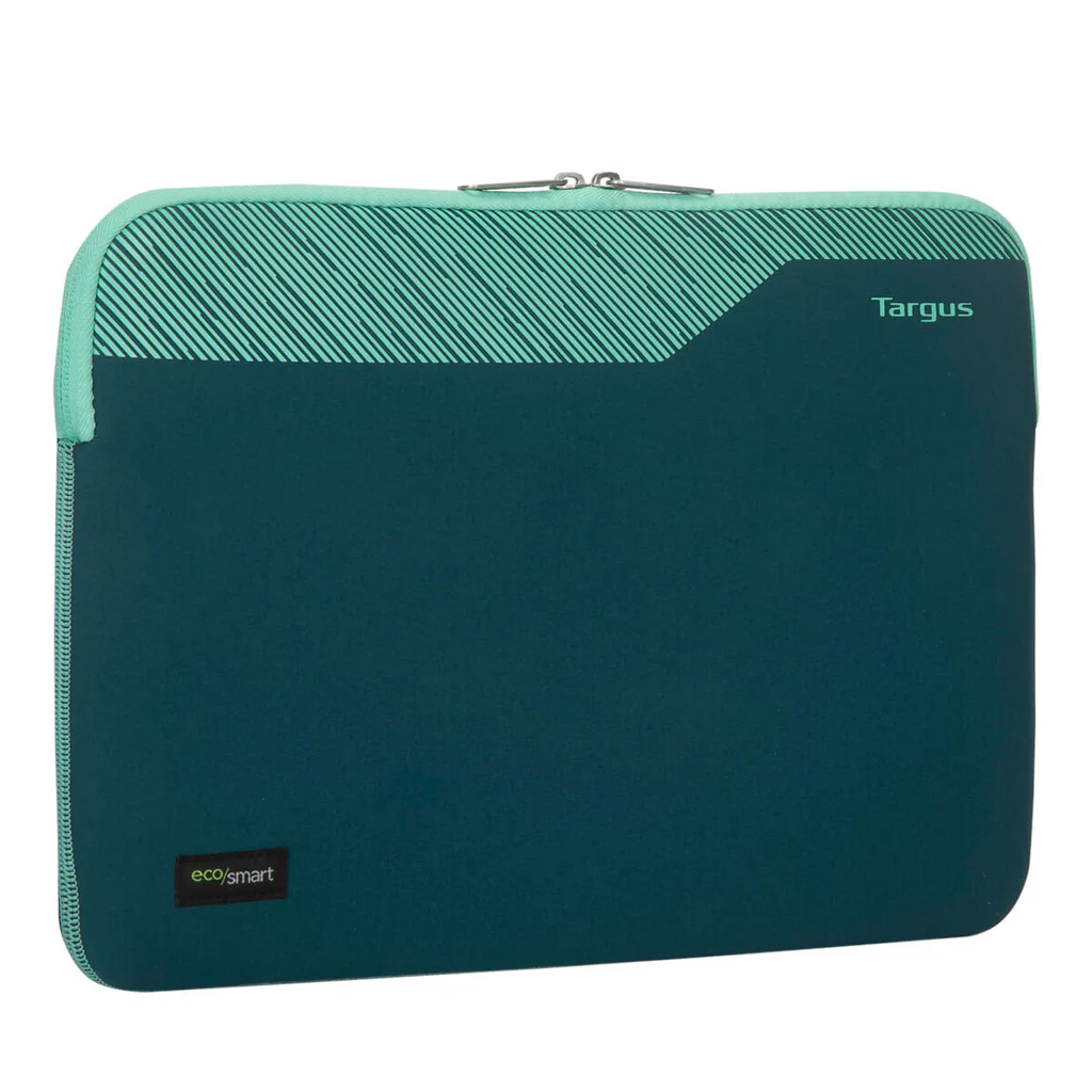 Una funda para portátil verde azulado con una raya gris contrastante y el logotipo de Targus.