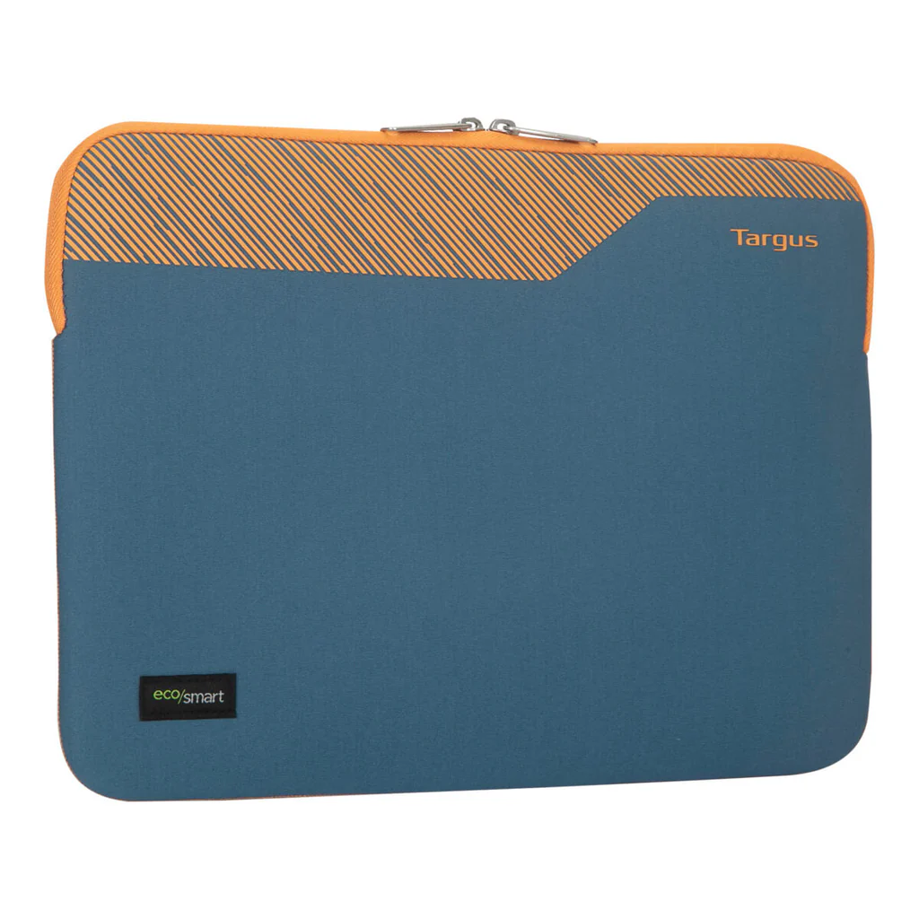 Funda para portátil azul con parte superior a rayas naranjas, etiqueta eco/smart negra y cremallera plateada.