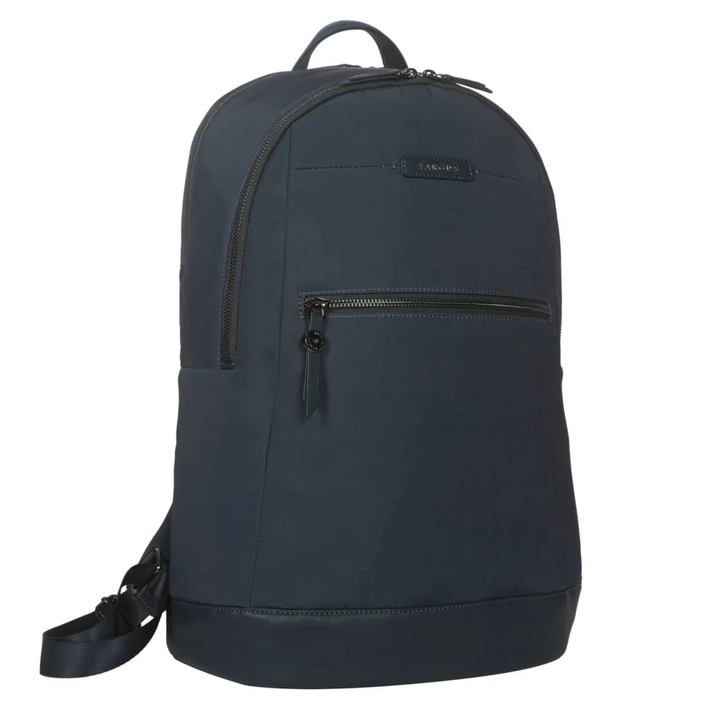 Mochila azul marino. Cremalleras negras. Marca Targus. Parte superior redondeada, forma curvada.