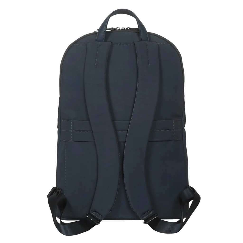 Mochila azul marino vista desde atrás. Dos correas para los hombros. La espalda tiene acolchado. Correas negras abajo.