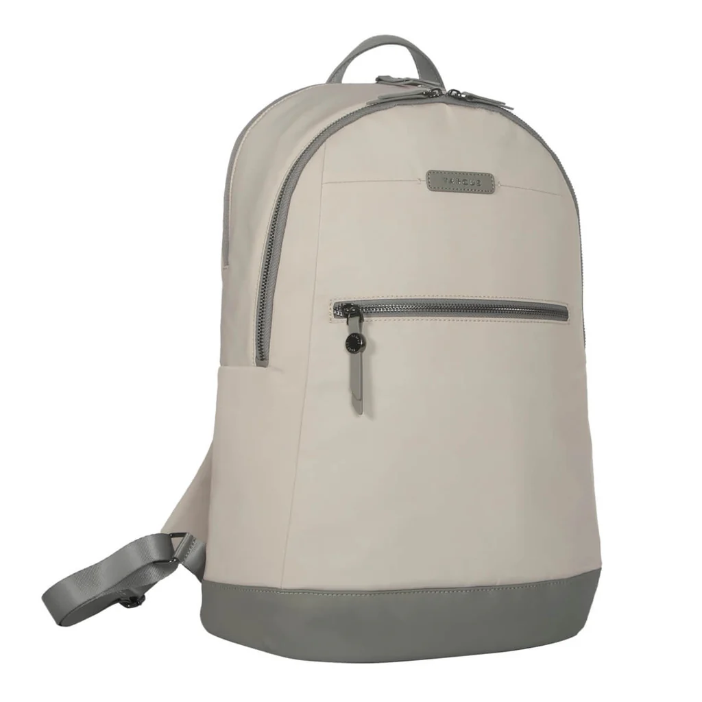 Mochila beige. Detalles grises. Cremalleras grises. Forma redondeada con bolsillo frontal. Marca Targus.
