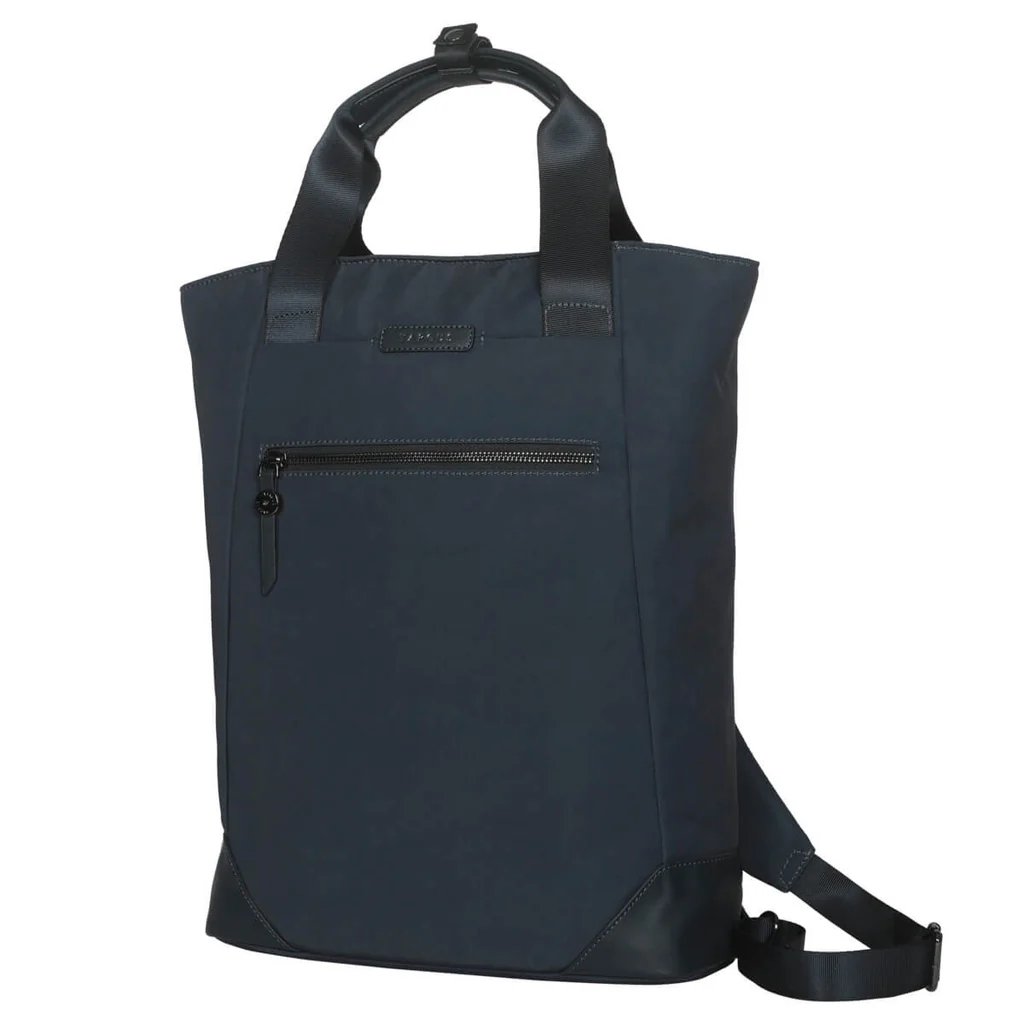 Bolso tote azul marino con asas, bandolera y cremallera frontal.