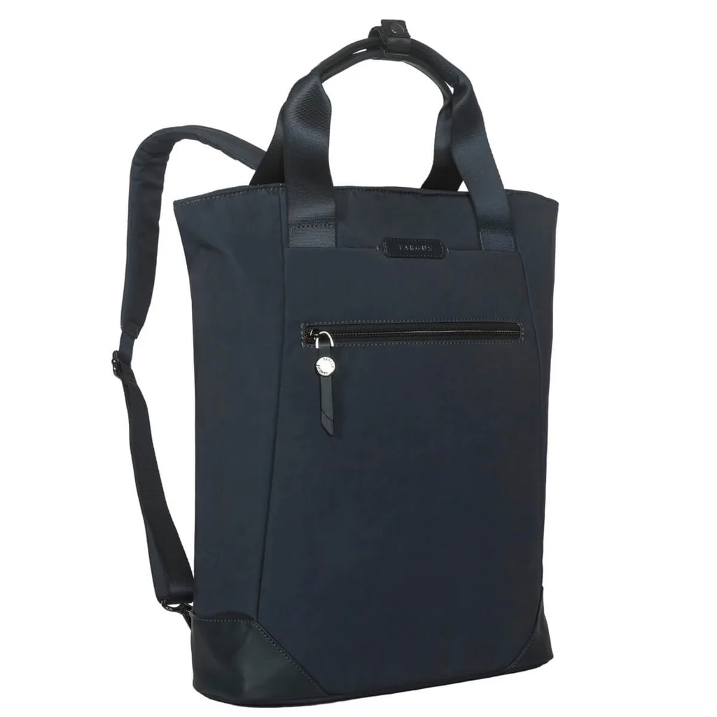 Bolso tote azul marino con cremallera frontal, asa y bandolera.