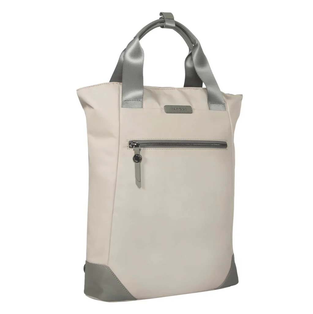 Bolso tote crema con detalles grises, asa y cremallera frontal.