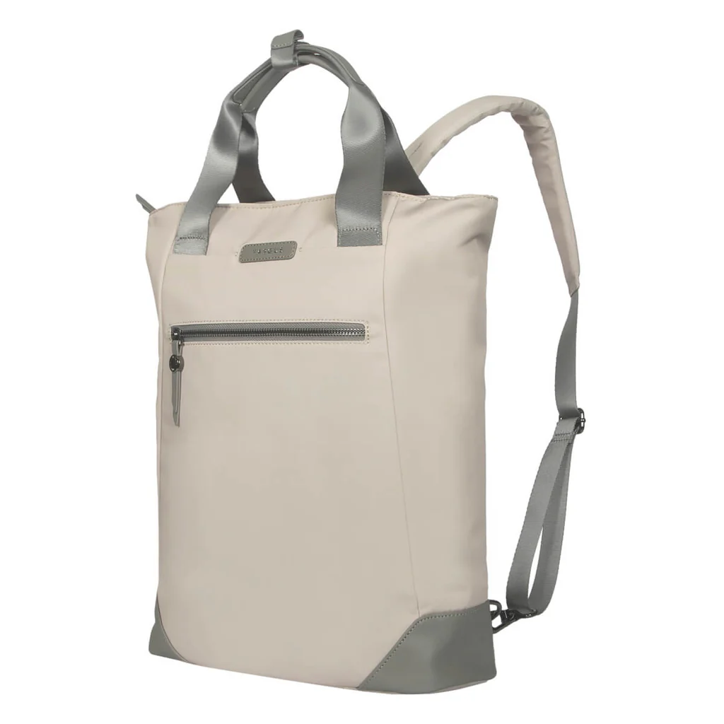 Bolso tote crema con detalles grises, asa y bandolera.