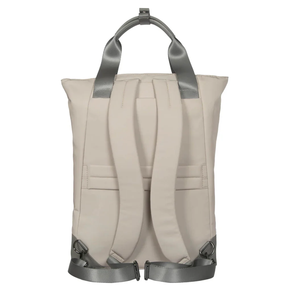 Vista trasera de un bolso tote crema con detalles grises y correas.