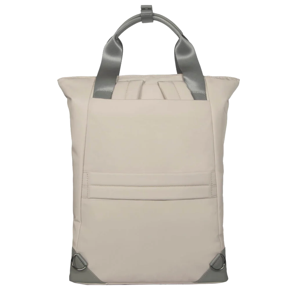 Vista trasera de un bolso tote crema con detalles grises y un bolsillo.
