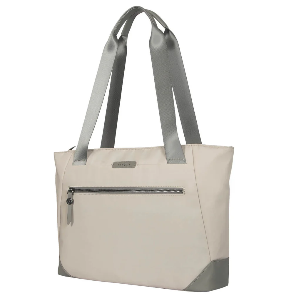 Bolso tote beige claro con cremallera y correas grises para el hombro. Vista lateral.
