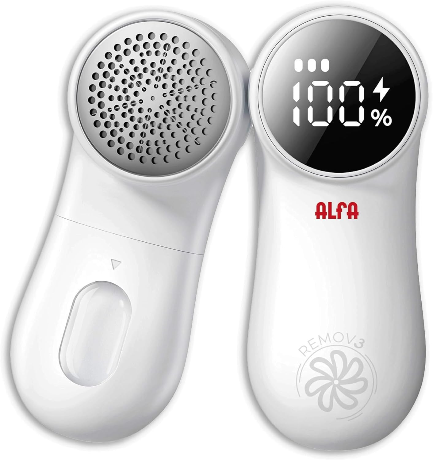Afeitadora de tela blanca con dos partes. Una con agujeros y otra con pantalla 100%.