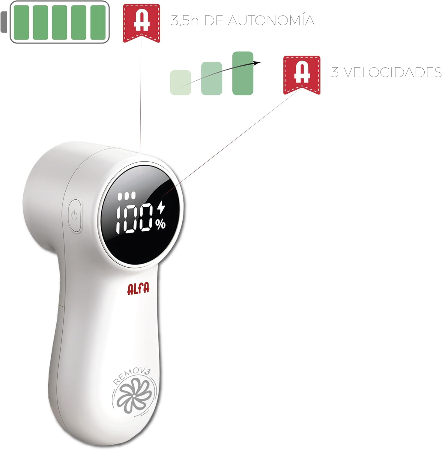 Afeitadora de tela blanca con pantalla mostrando 100% de carga y otra información.