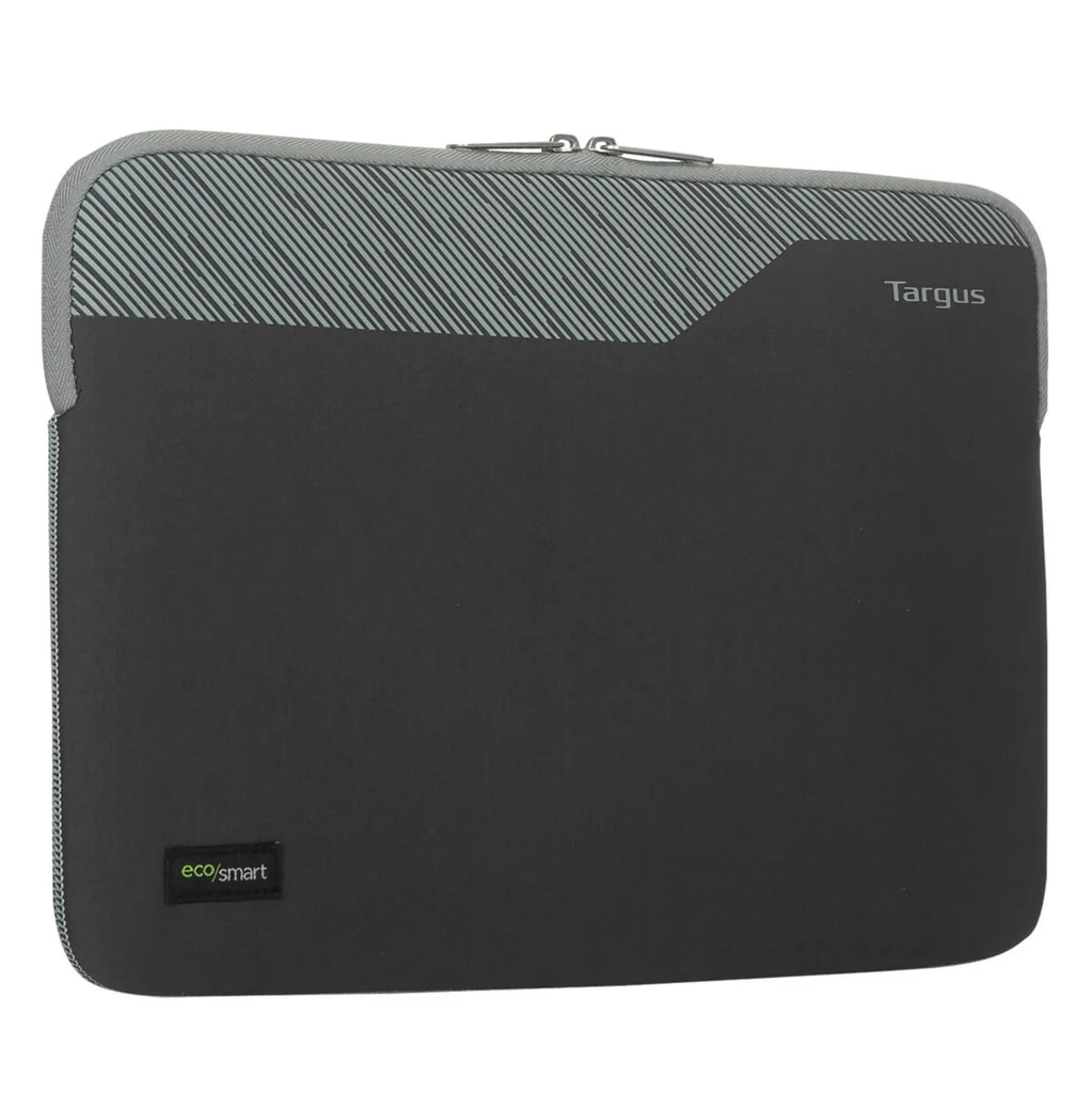 Funda negra para portátil. Parte superior gris a rayas. Marca 'Targus'. Etiqueta 'eco/smart'.