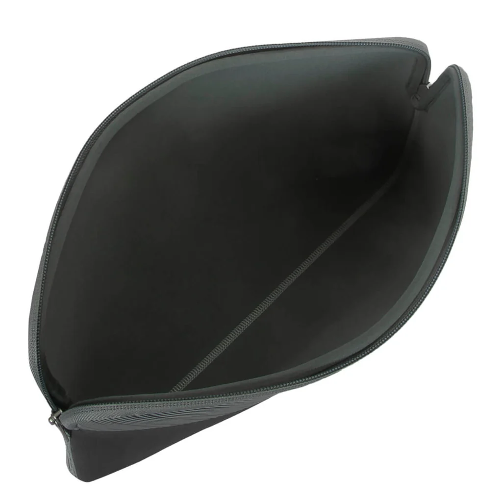 Funda negra para portátil, vista abierta. Interior negro. Cremallera visible.