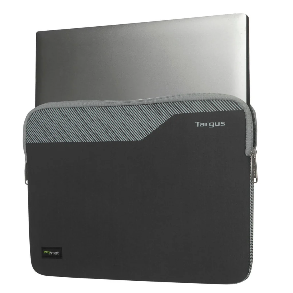Funda negra para portátil con portátil dentro. Parte superior gris a rayas. 'Targus'. 'eco/smart'.