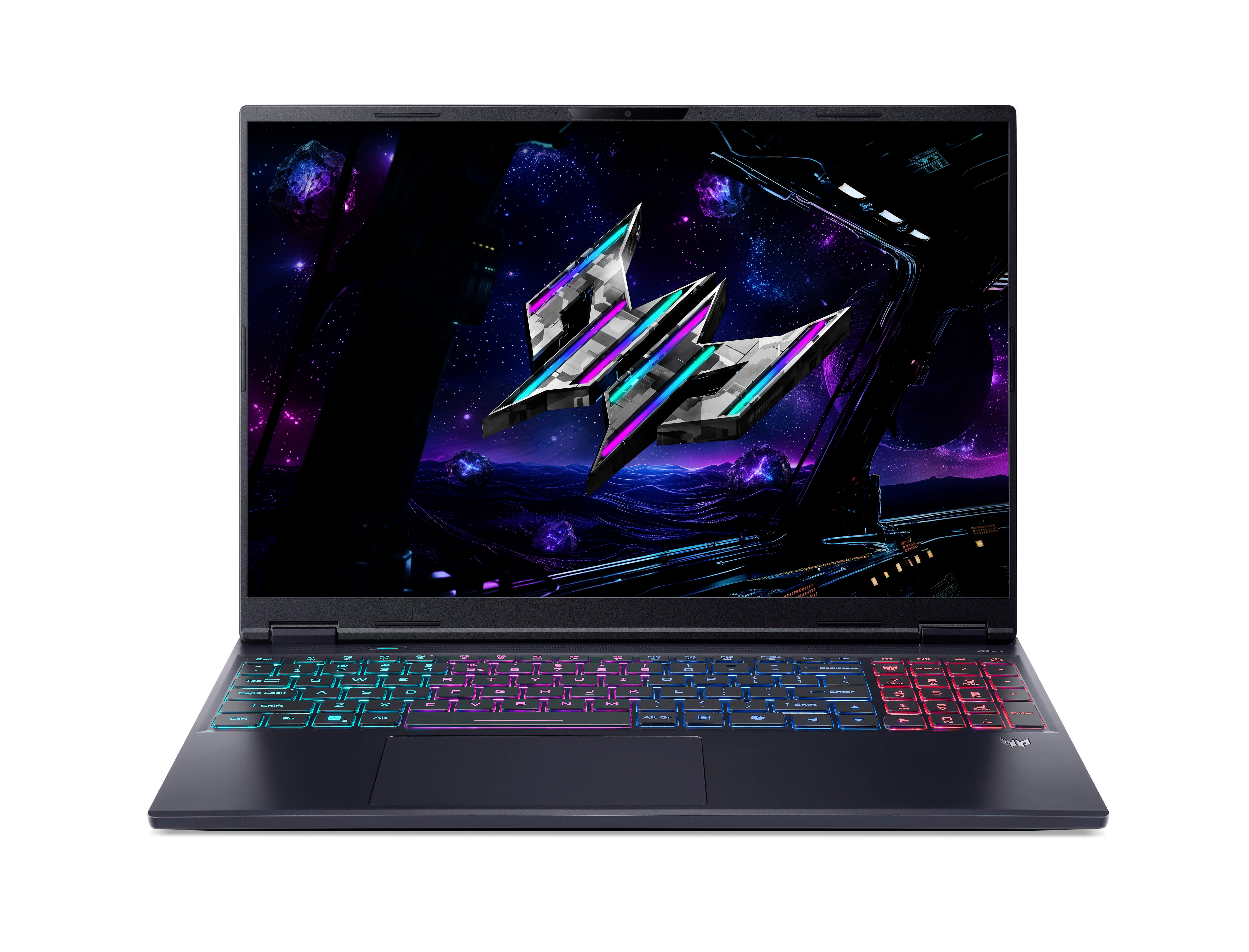 Schwarzer Laptop mit bunter Tastatur und Logo auf dem Bildschirm, weißer Hintergrund.