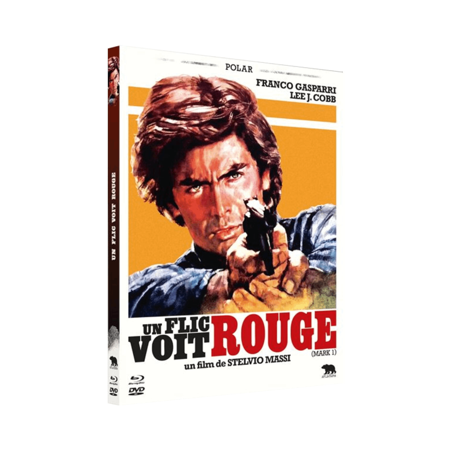 Boîtier DVD pour 'Un flic voit rouge' avec un homme tenant une arme à feu et un titre rouge.