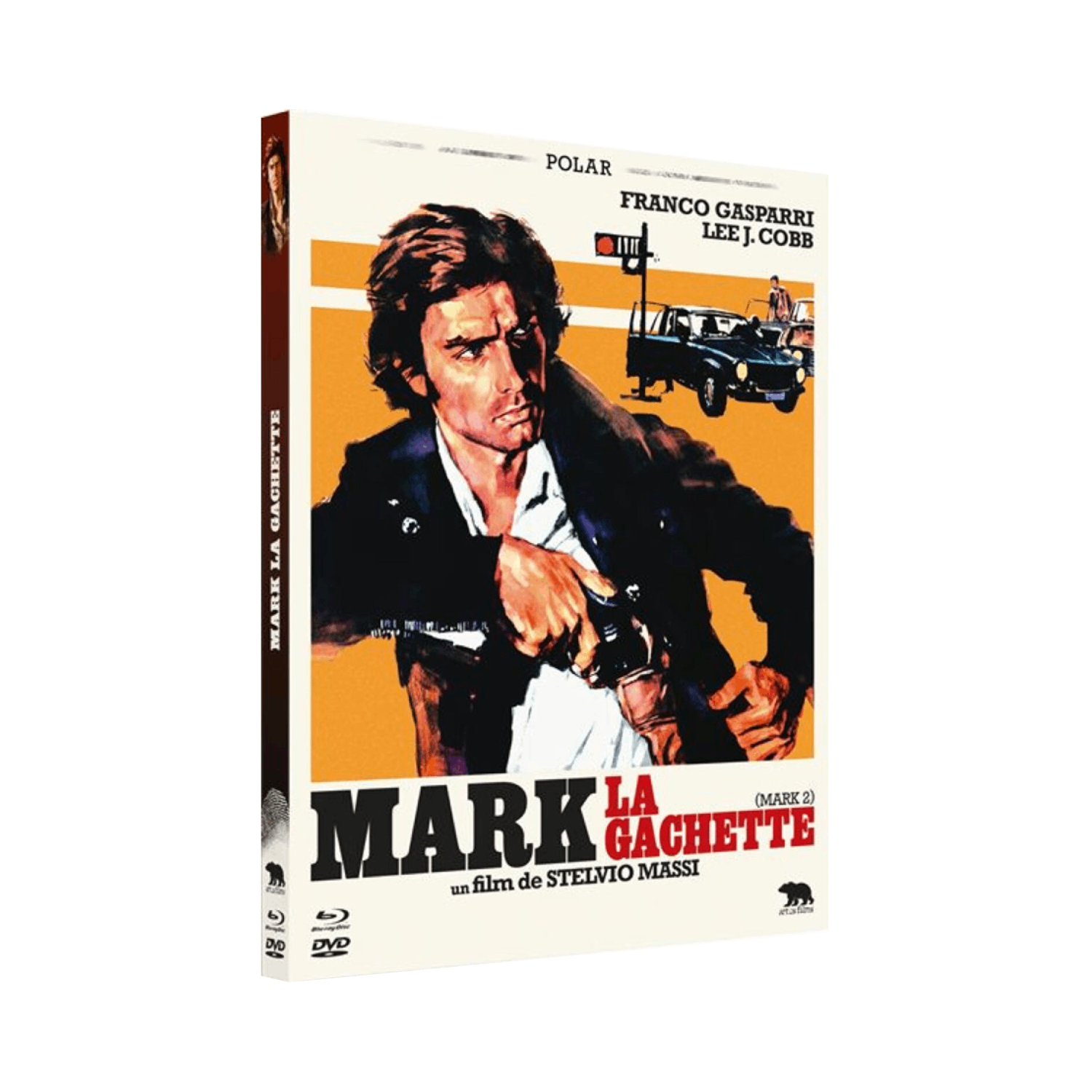 DVD-hoes voor 'Mark la Gachette', met een man die een pistool vasthoudt, in vintage stijl.