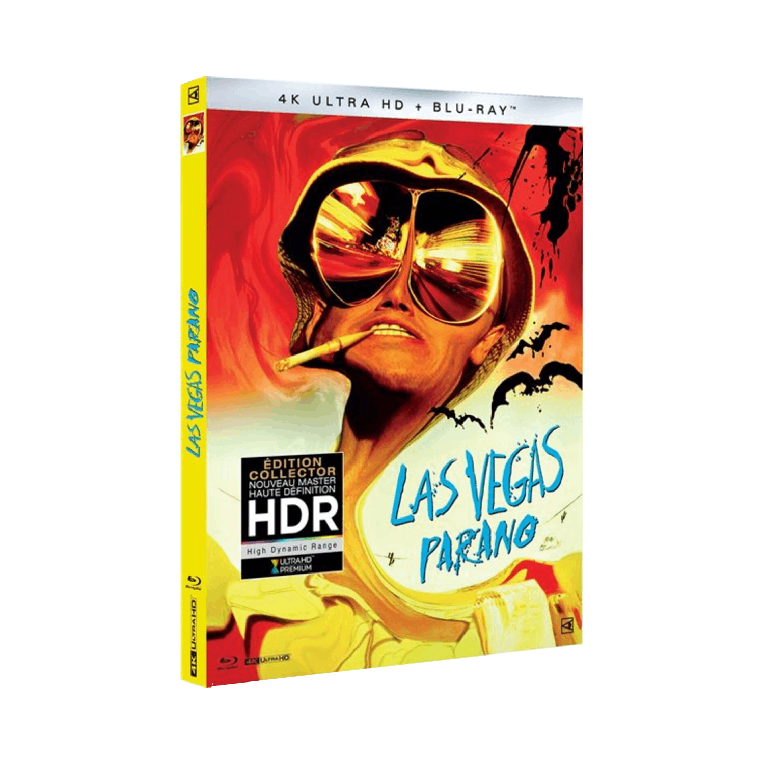 Affiche de Las Vegas Parano. Un homme en lunettes de soleil fume. Des chauves-souris volent. Couleurs jaune et rouge.