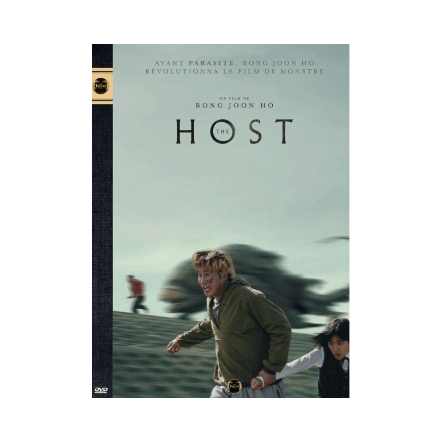 DVD-hoes: Rennende mensen, monster op de achtergrond. Titel: The Host. Beige achtergrond, donkere rand.