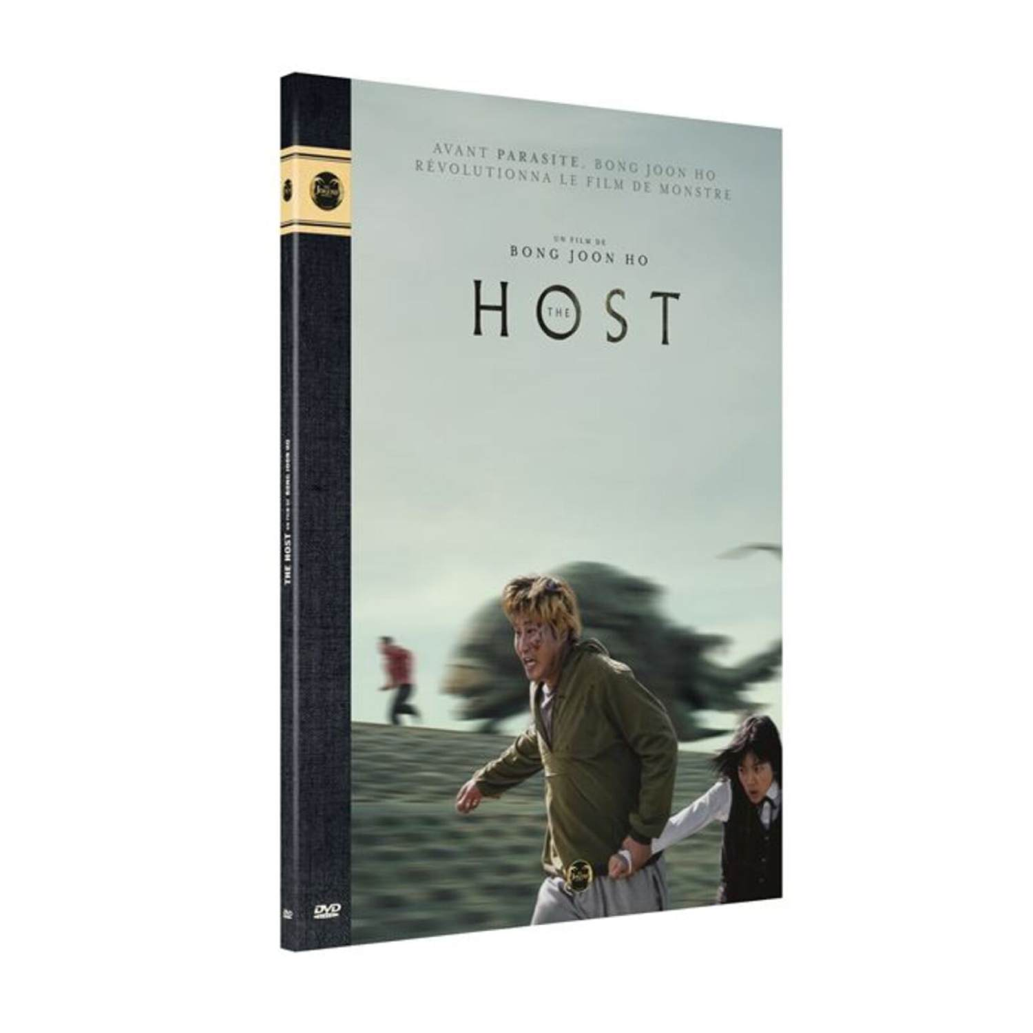 DVD-hoes: Rennende mensen, monster op de achtergrond. Titel: The Host. Beige achtergrond, donkere rand.