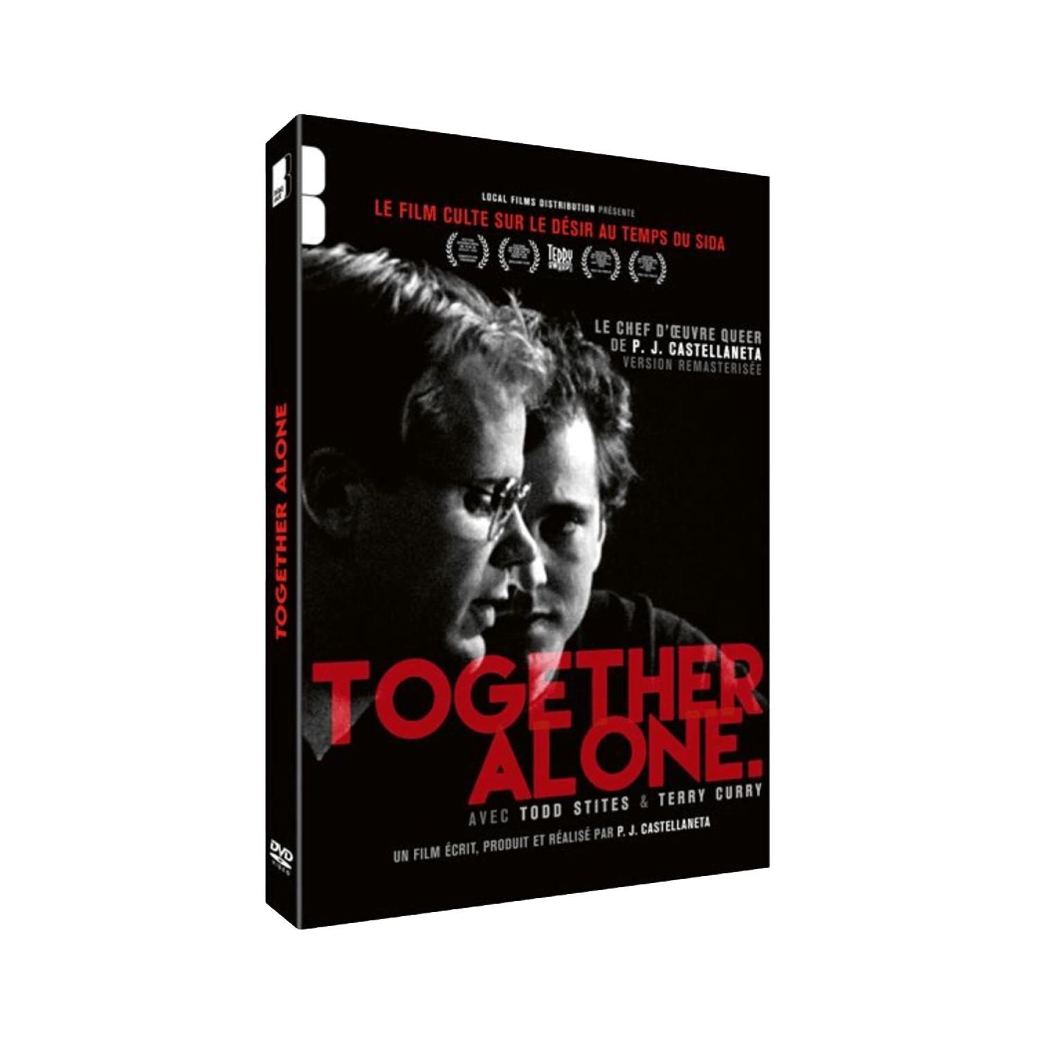 Boîtier DVD : Deux hommes, titre : Together Alone. Fond noir, texte rouge, logo DVD.
