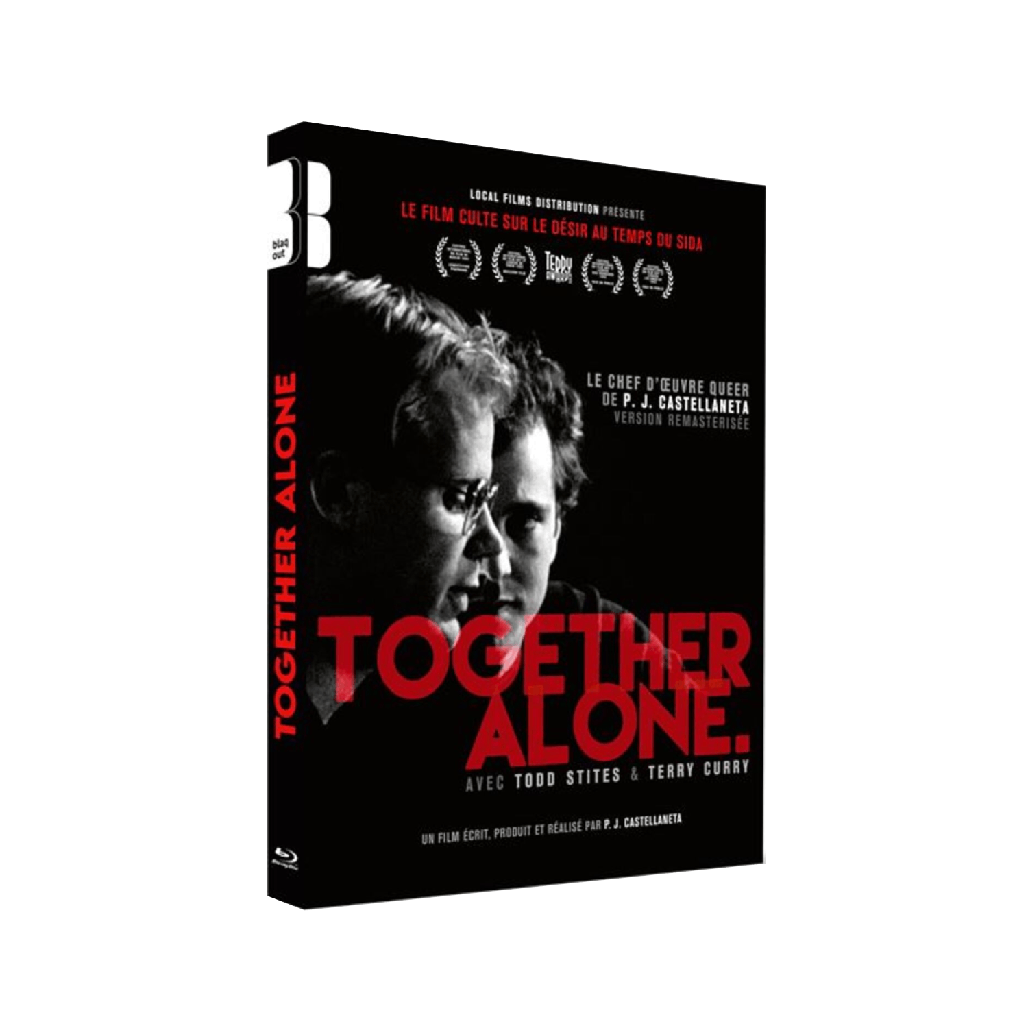 Blu-ray-hoes: Twee mannen, titel: Together Alone. Zwarte achtergrond, rode tekst, Blu-ray-logo.
