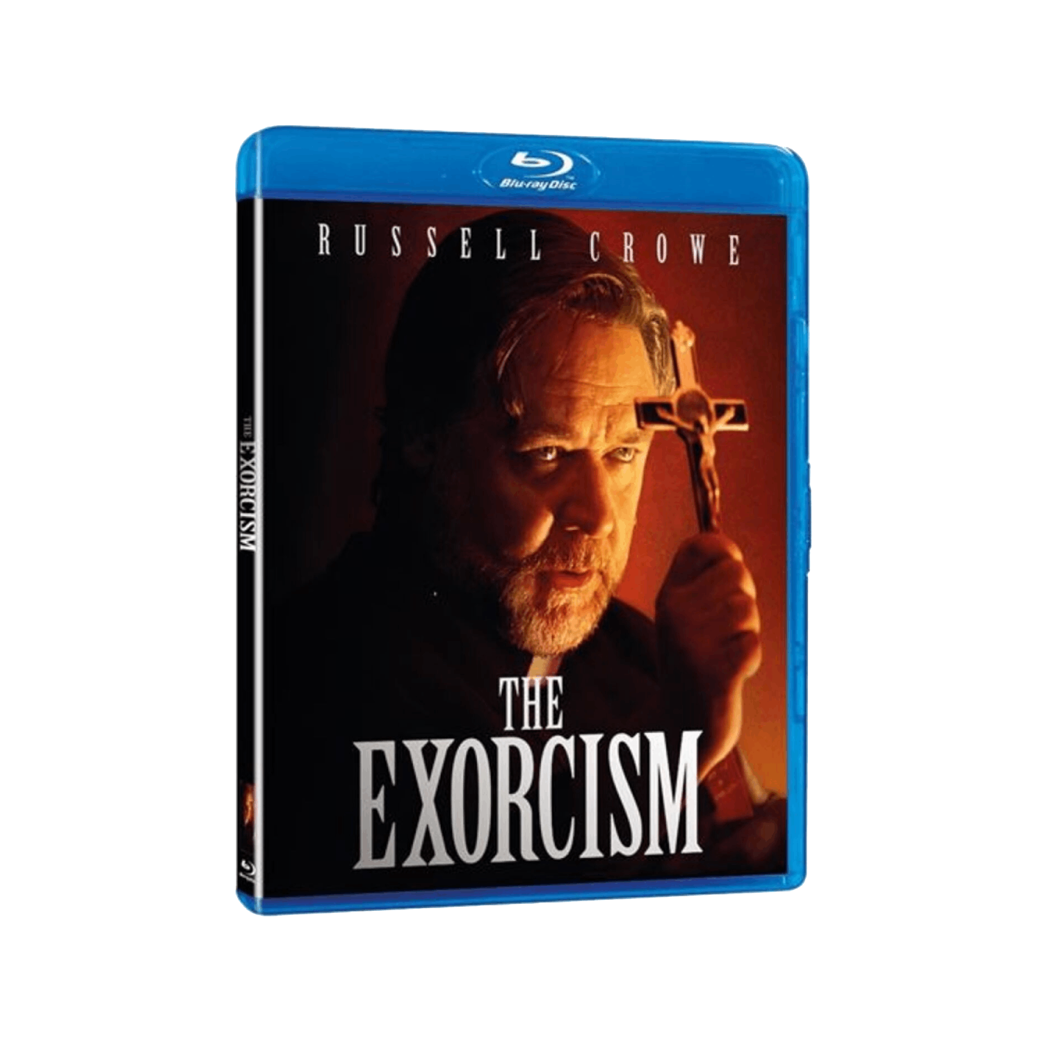 Blu-ray cover van The Exorcism. Een man met kraag houdt een kruisbeeld vast, tekst 'The Exorcism'.