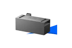 A gray rectangular device with 'ANKER SOLIX' printed. It is on a black surface with a blue shadow.