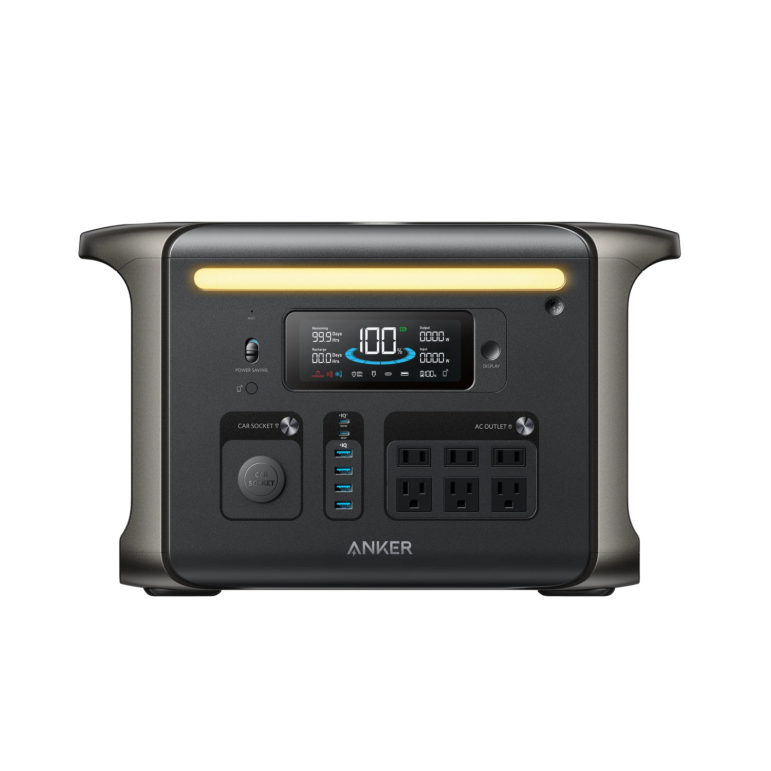 Anker power station with display showing battery life and output. Features include AC outlets, car socket, and USB ports.