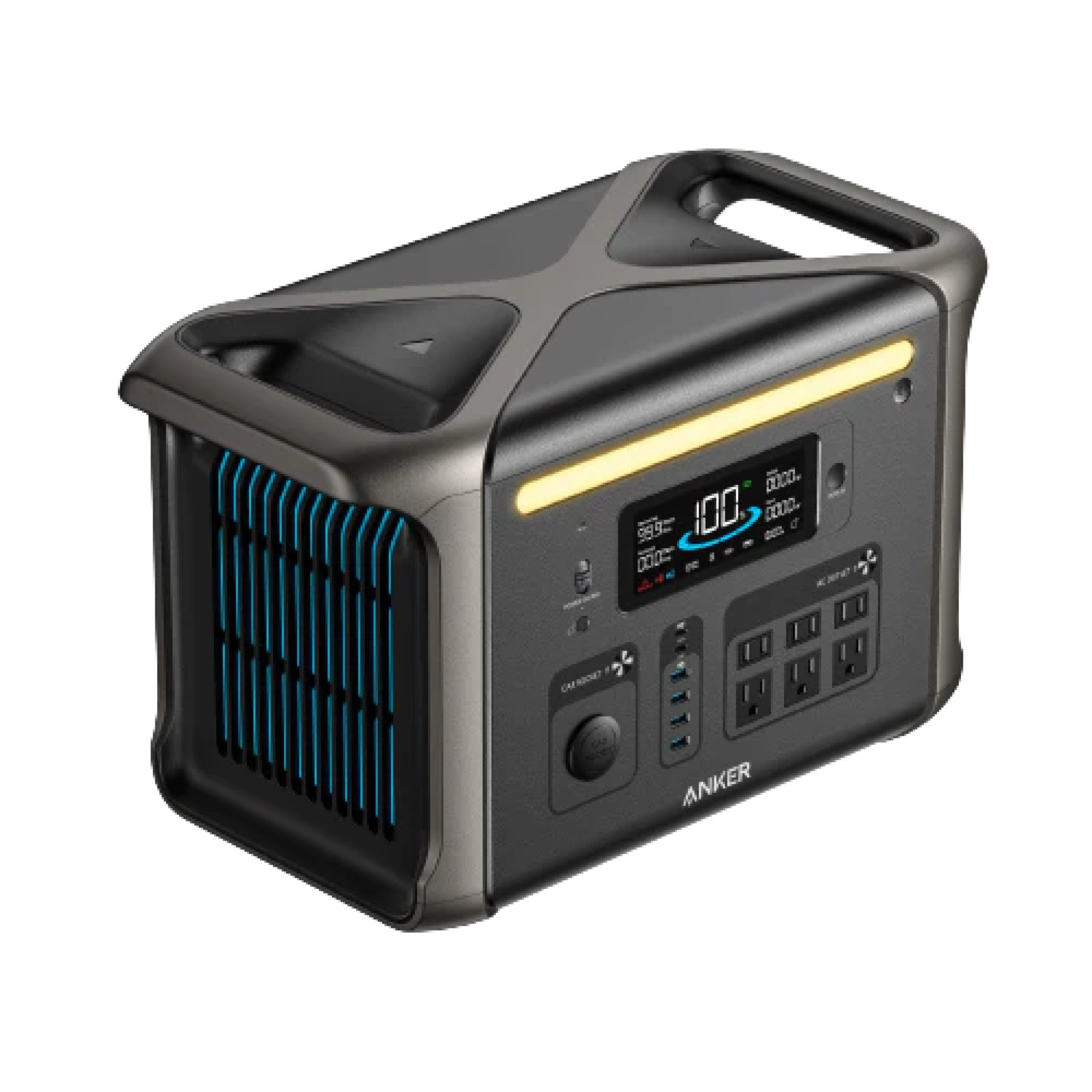 Anker portable power station. Black and grey box with handle, digital display, and various ports. Blue vent design on the side.