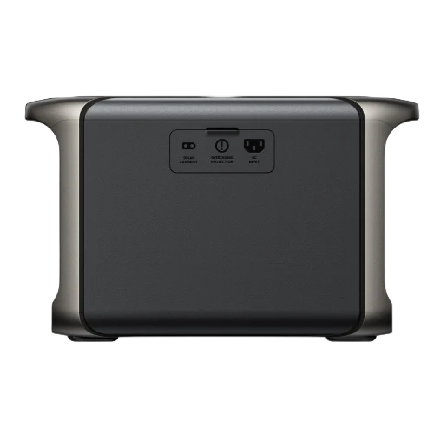 A dark gray power station with a black front panel. It has silver sides and top, with icons for solar input, overcharge, and AC input.