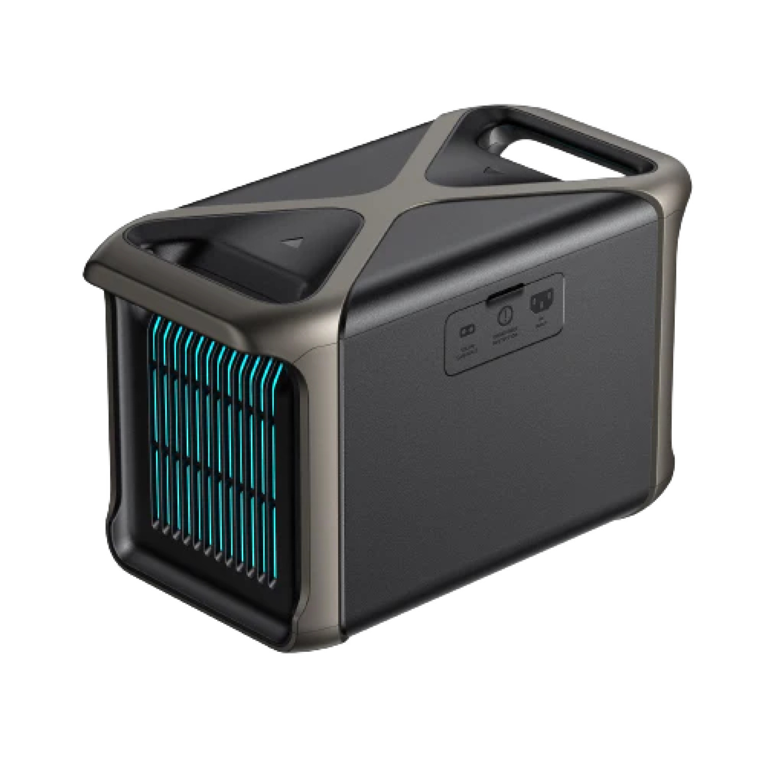 A black and gray portable power station with blue light vents. It has a handle on top and control buttons on the side.