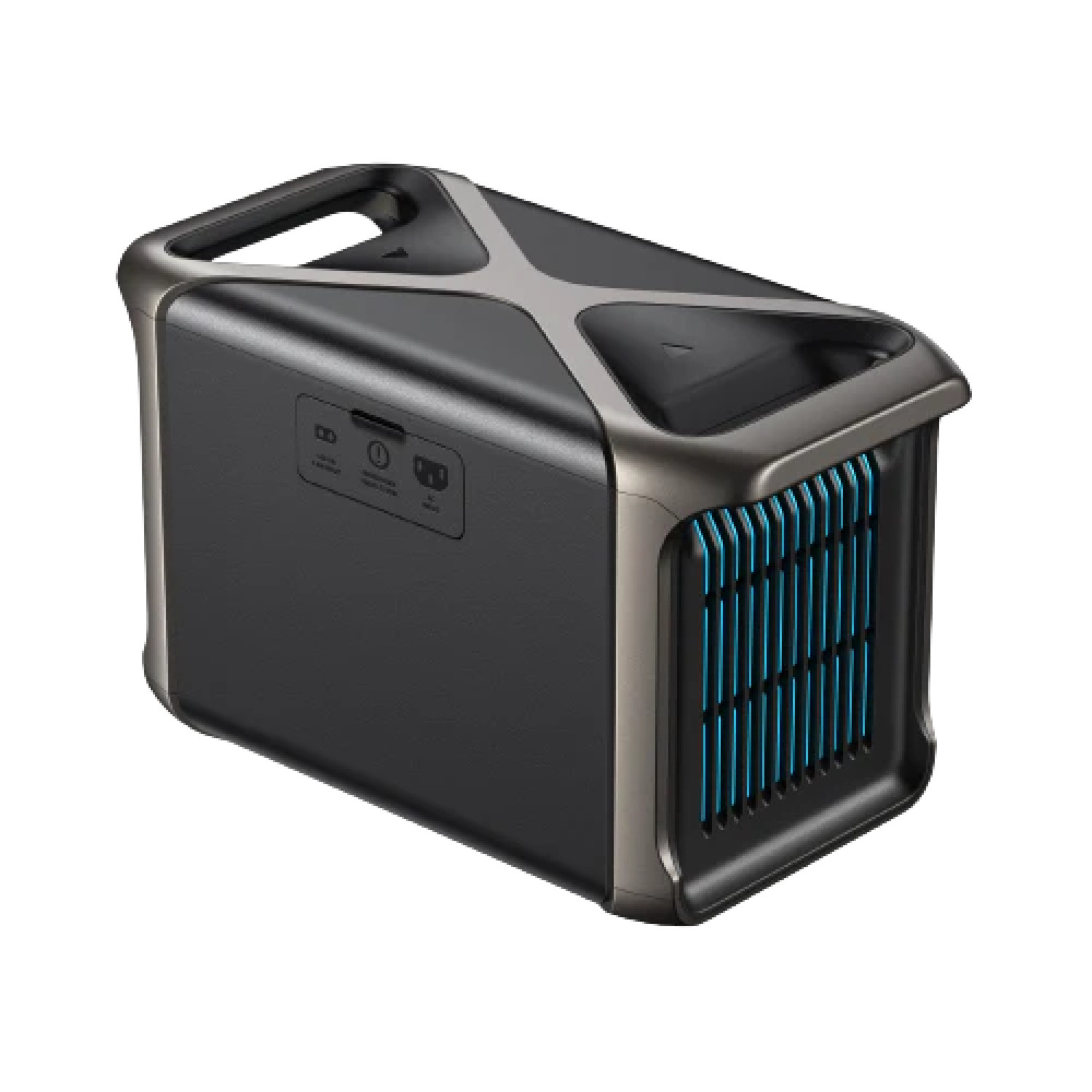 A black and gray portable power station with a handle and blue vents. It has a control panel with icons.