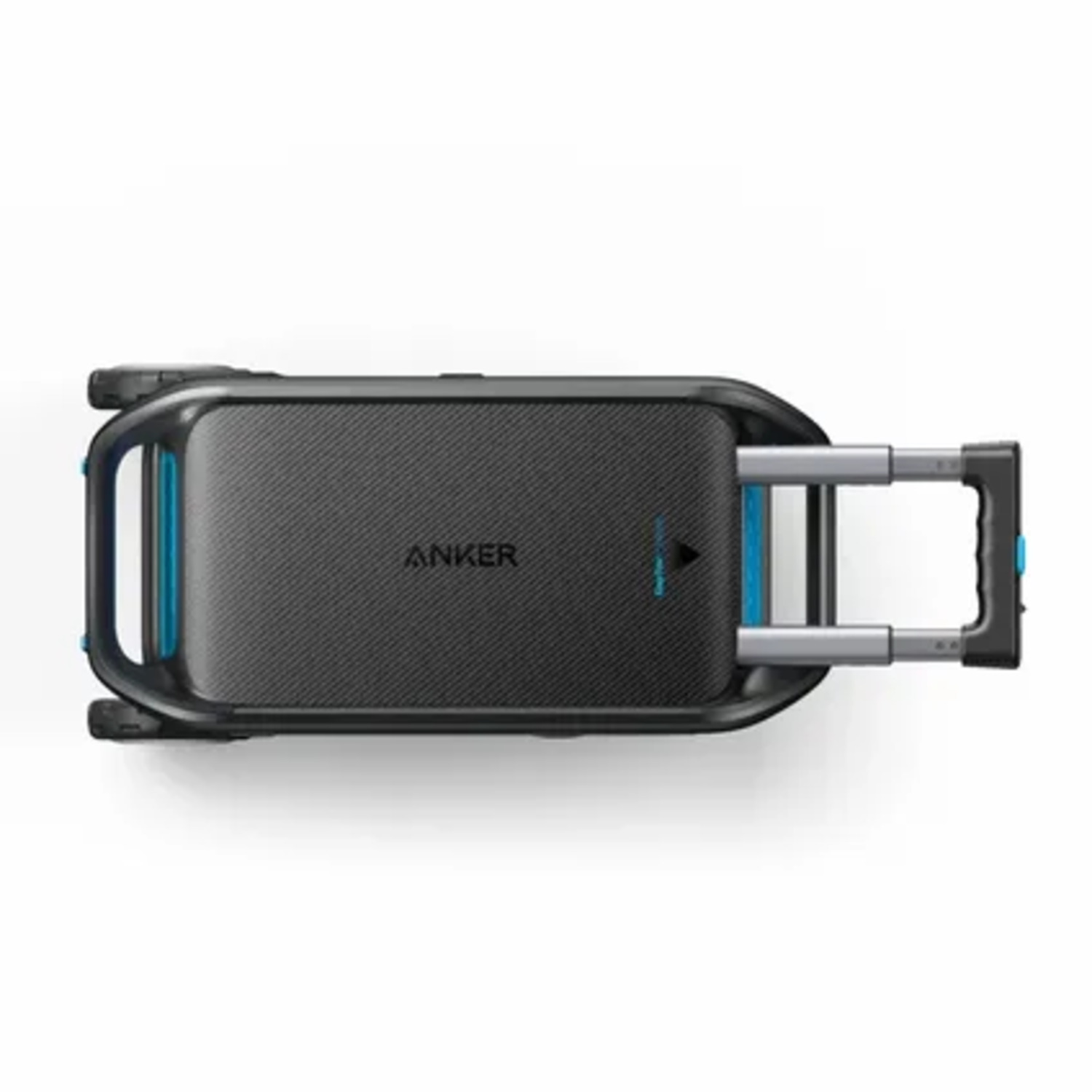Top view of a black Anker suitcase with a retractable handle and blue accents, on a white background.