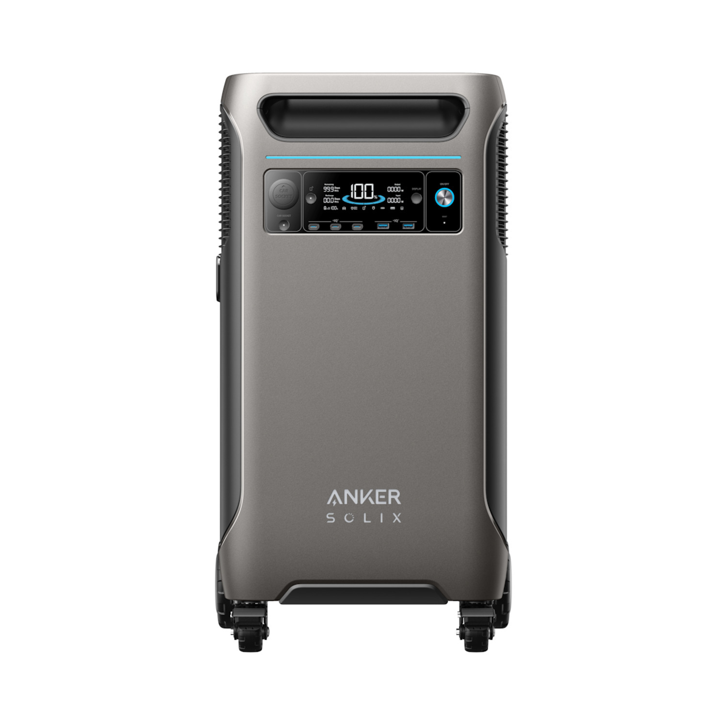 Une station d'alimentation grise Anker S6LIX sur fond blanc. Elle a un affichage numérique et plusieurs ports. Elle est sur roues.
