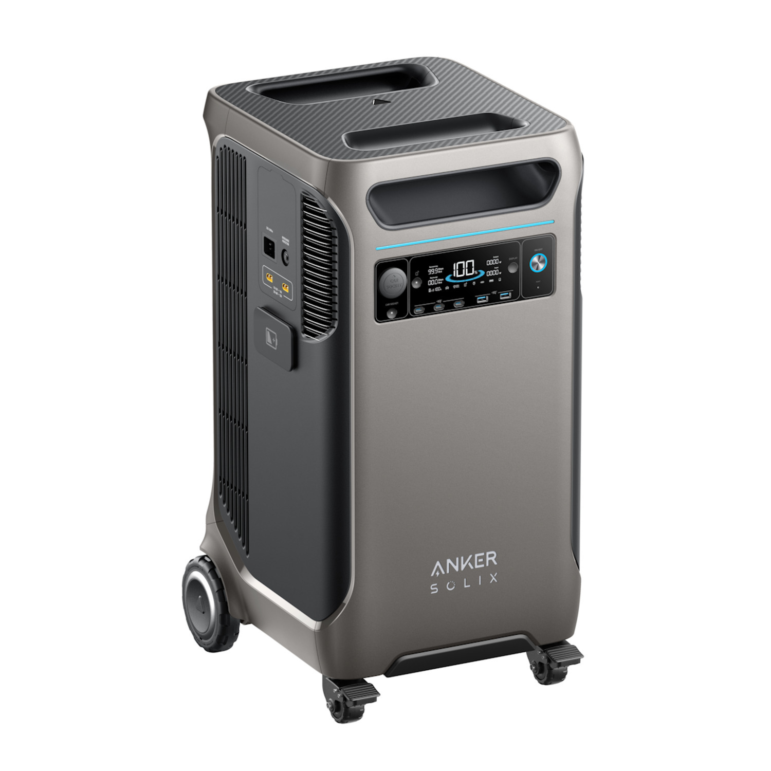 Centrale électrique portable Anker Solix, grise et noire, avec écran et roues. Comprend des ports et une poignée.