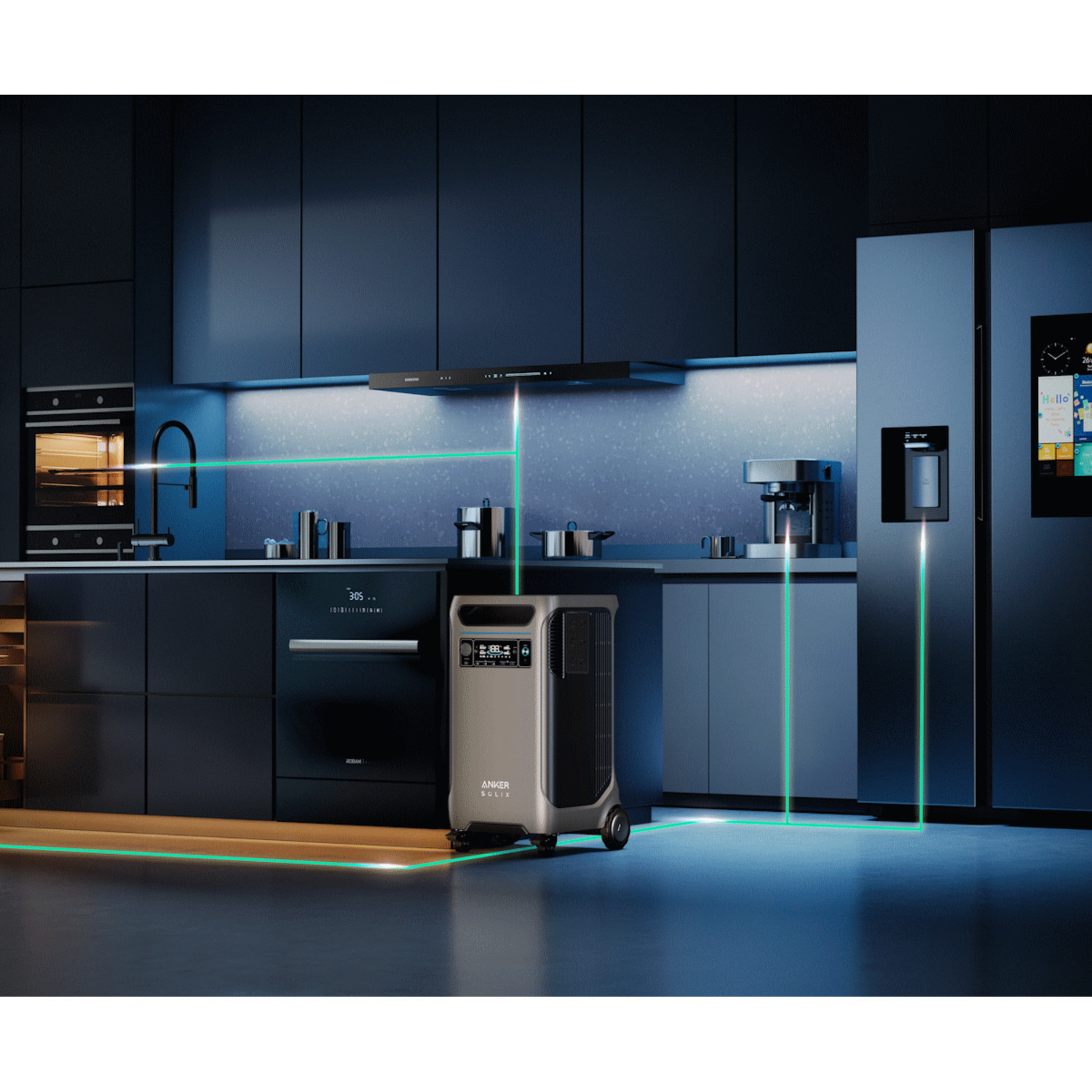 Une scène de cuisine moderne. Centrale électrique Anker connectée aux appareils via des lignes vertes. Comprend un four, un réfrigérateur et une cafetière.