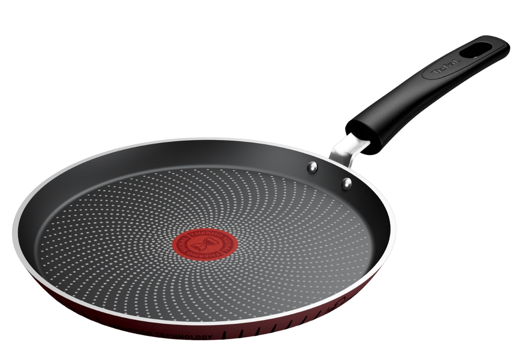 Patelnia Tefal z czarnym uchwytem, czerwoną krawędzią i szarą powierzchnią do gotowania na białym tle.