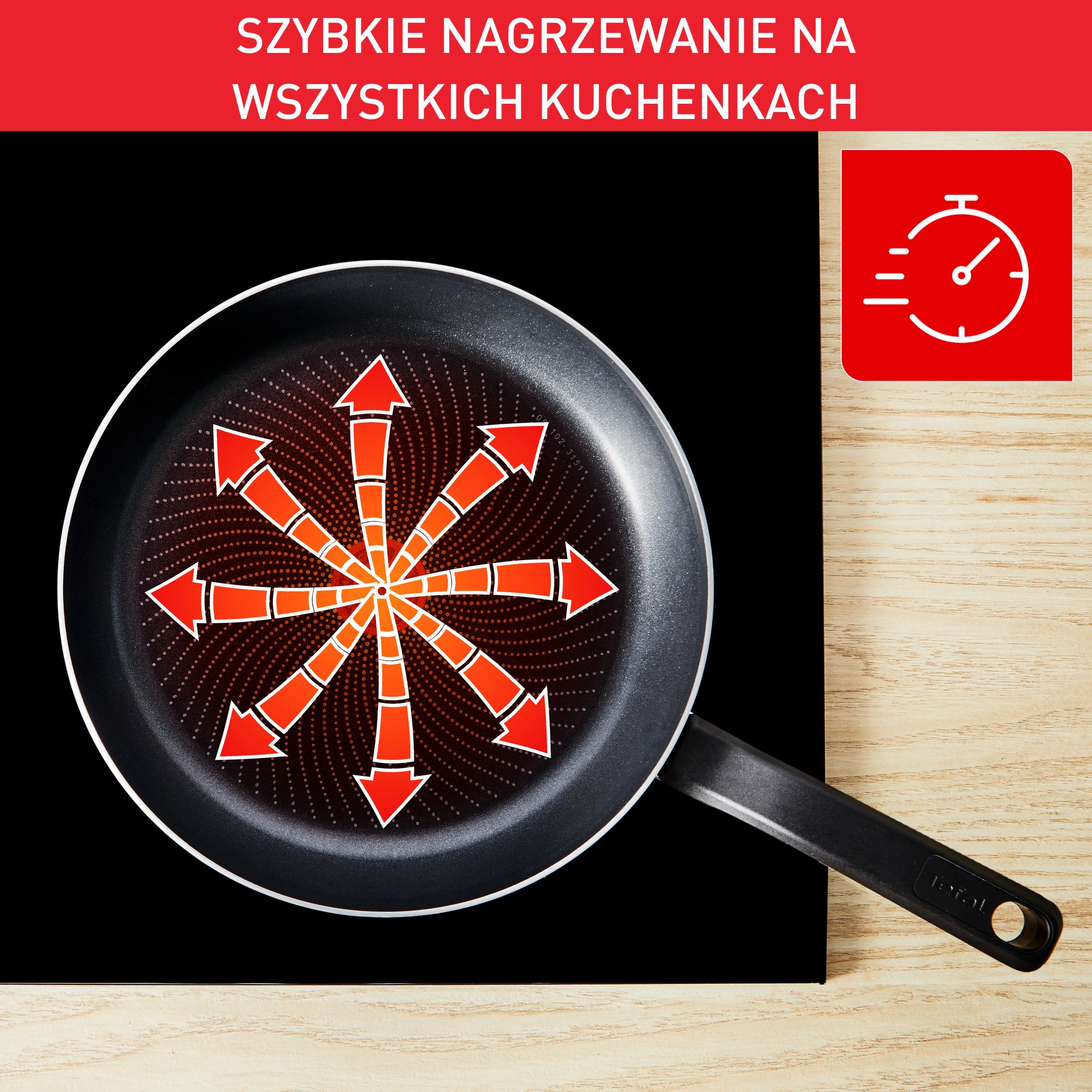 Czarna patelnia z czerwonymi strzałkami, czerwoną ikoną timera i tekstem na drewnianej powierzchni. Czarne tło.