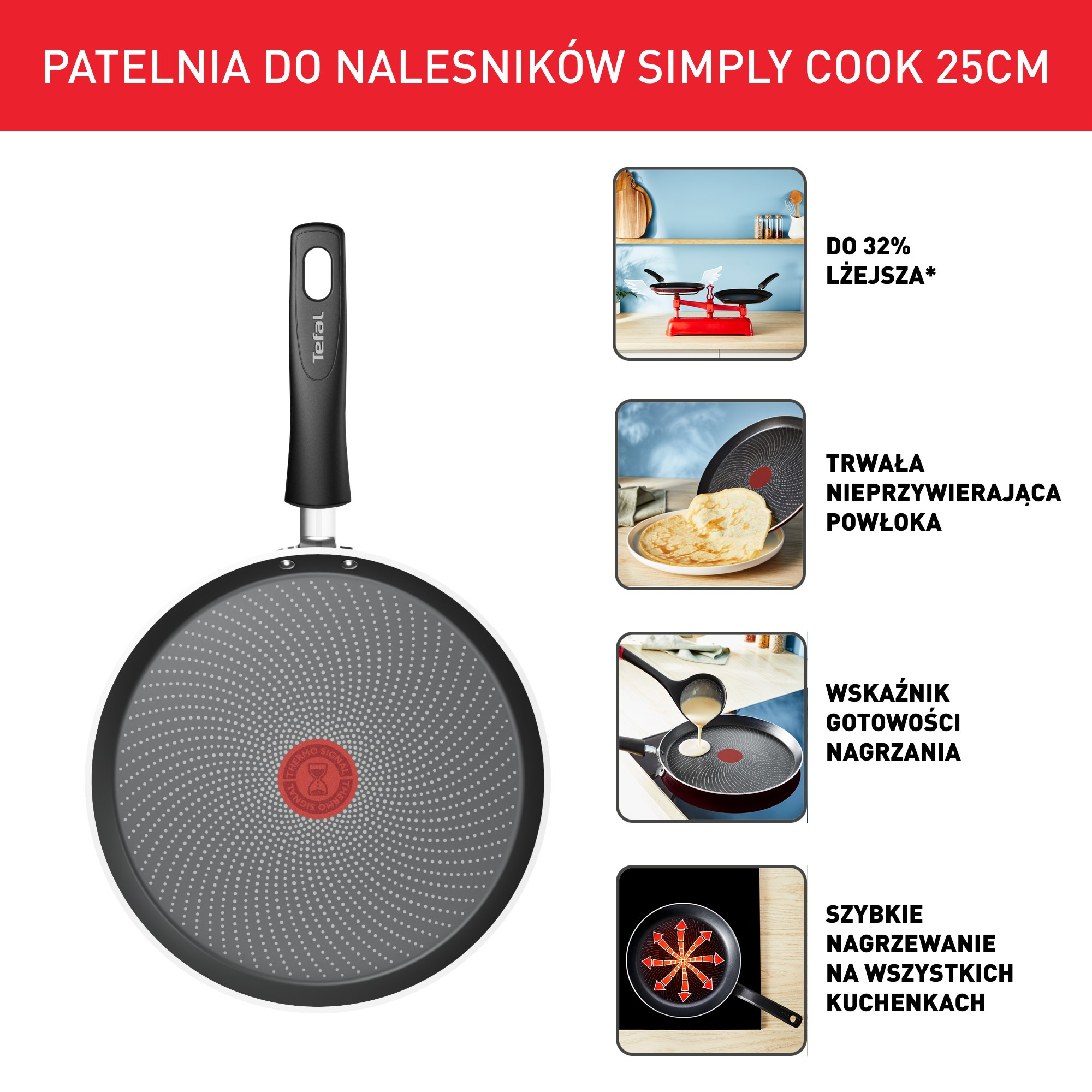 Patelnia do naleśników Tefal Simply Cook 25cm. Cechy: powłoka nieprzywierająca, wskaźnik nagrzania i szybkie nagrzewanie na wszystkich kuchenkach.