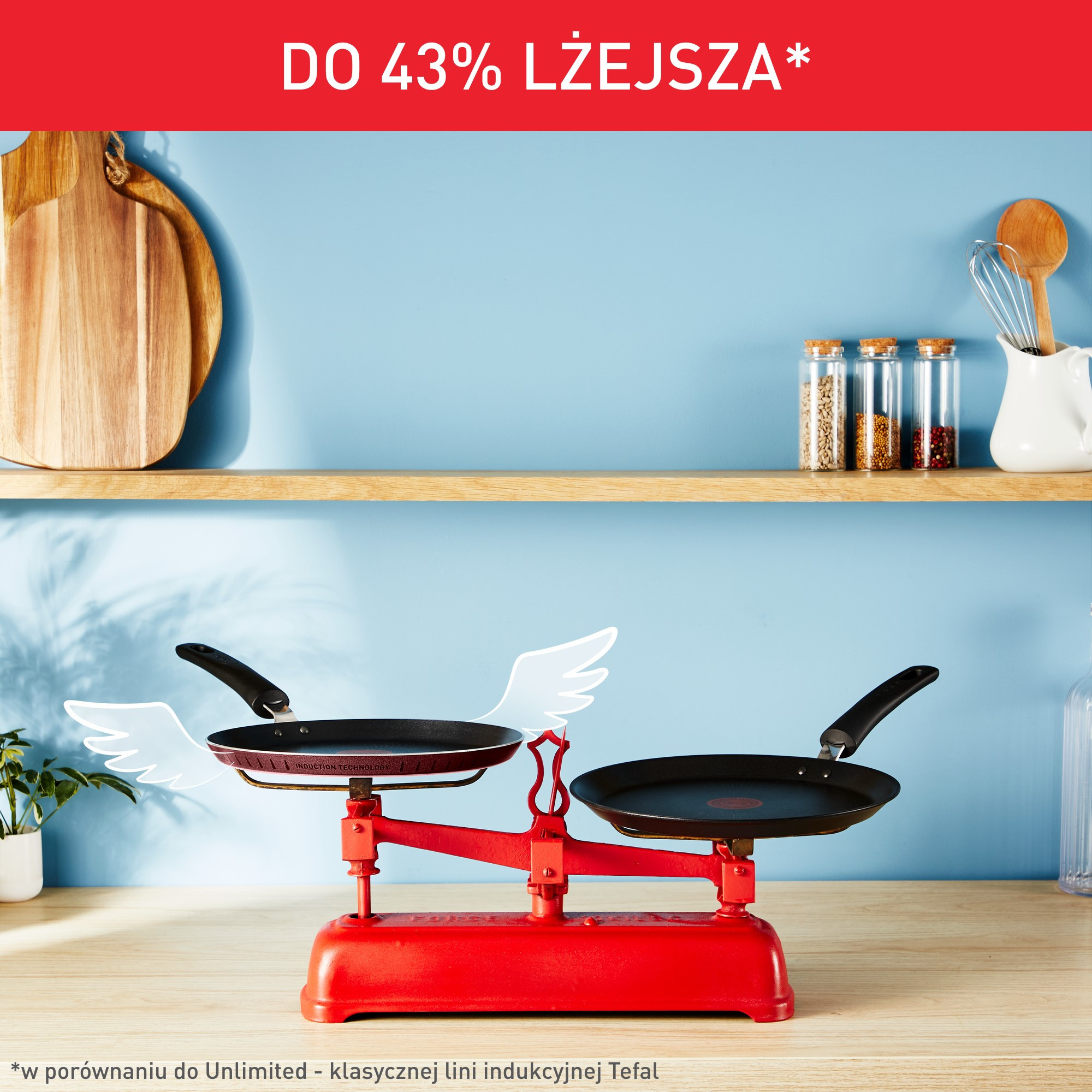 Czerwona waga równoważąca dwie patelnie ze skrzydłami. Artykuły kuchenne na półkach. Niebieskie tło.