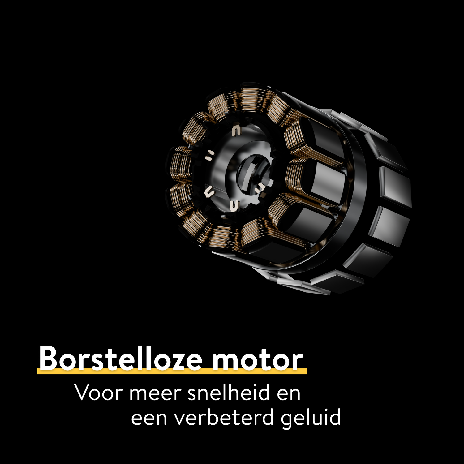 Een zwarte en gouden borstelloze motor op een zwarte achtergrond. Onderaan staat 'Borstelloze motor'.